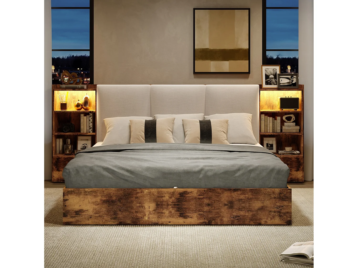 Łóżko z pojemnikiem 180x200 cm brązowe MDF, hydrauliczny system magazynowania, 6 komór, oświetlenie LED, bez materaca