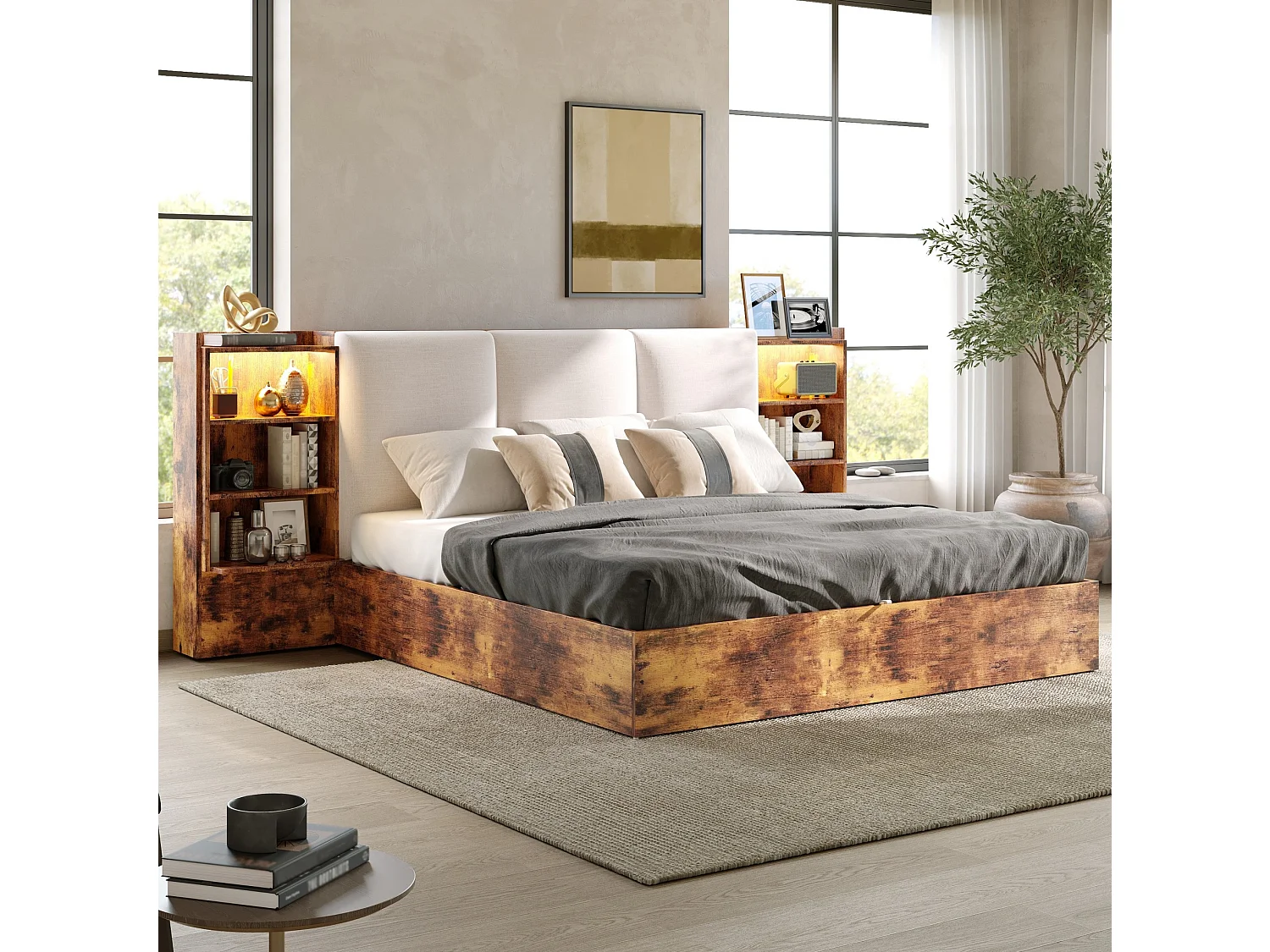 Łóżko z pojemnikiem 180x200 cm brązowe MDF, hydrauliczny system magazynowania, 6 komór, oświetlenie LED, bez materaca