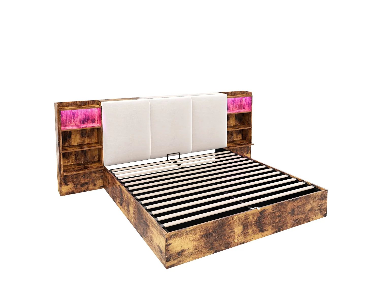 Łóżko z pojemnikiem 180x200 cm brązowe MDF, hydrauliczny system magazynowania, 6 komór, oświetlenie LED, bez materaca