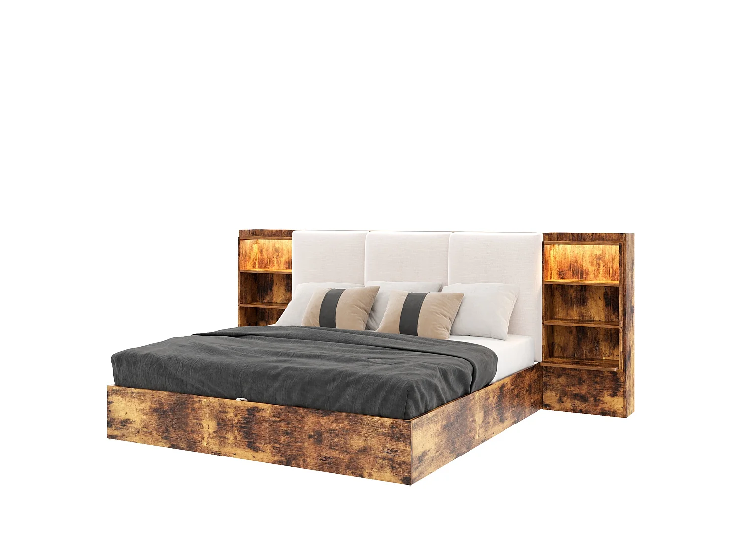 Łóżko z pojemnikiem 180x200 cm brązowe MDF, hydrauliczny system magazynowania, 6 komór, oświetlenie LED, bez materaca