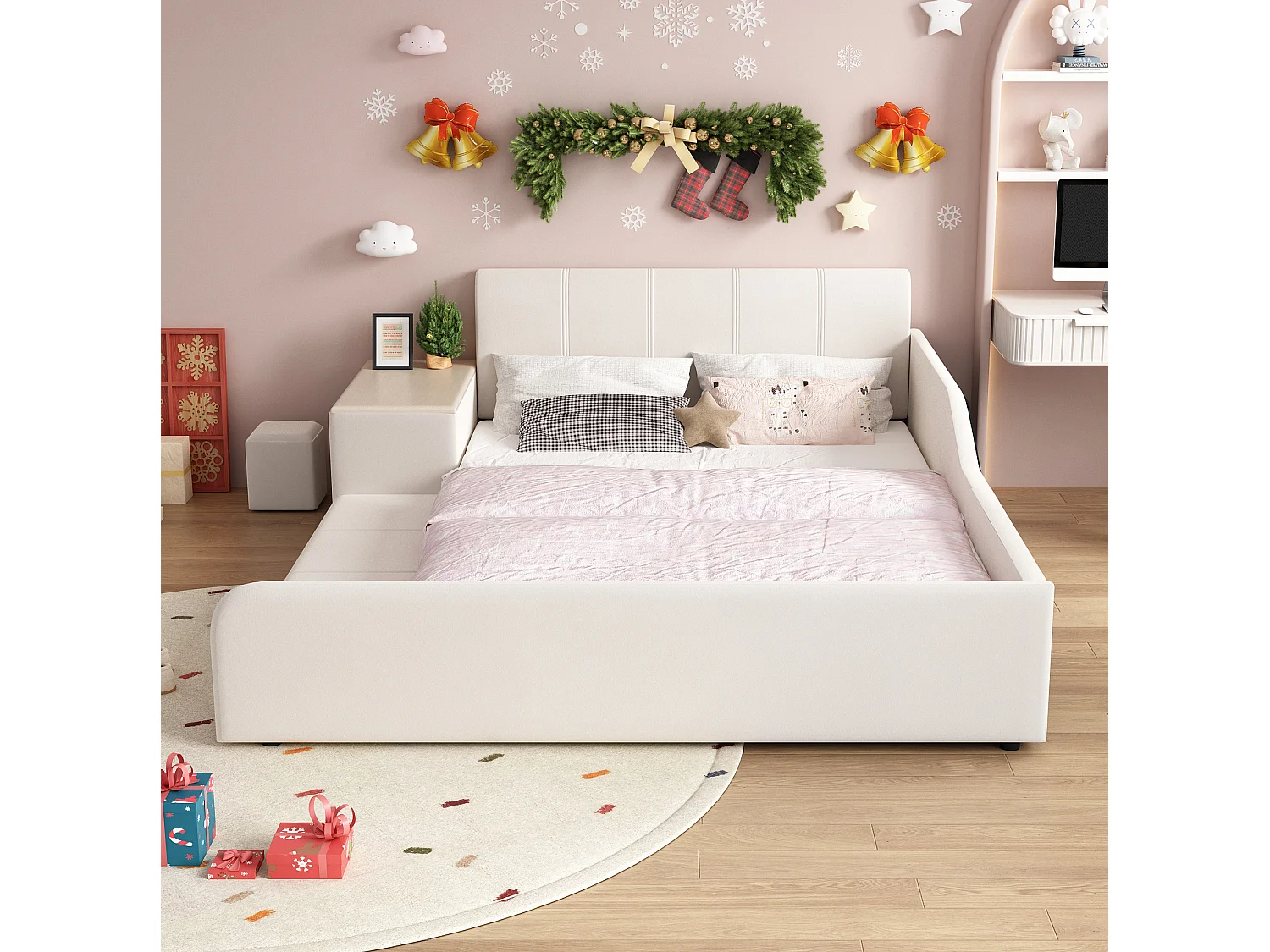 Lit enfant 140x200 cm en velours blanc avec bureau, tabouret et étagère de rangement, sans matelas