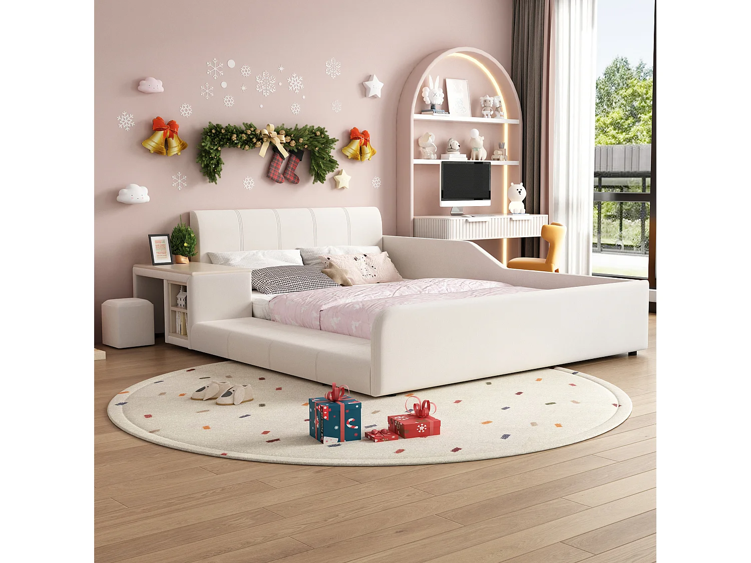 Lit enfant 140x200 cm en velours blanc avec bureau, tabouret et étagère de rangement, sans matelas