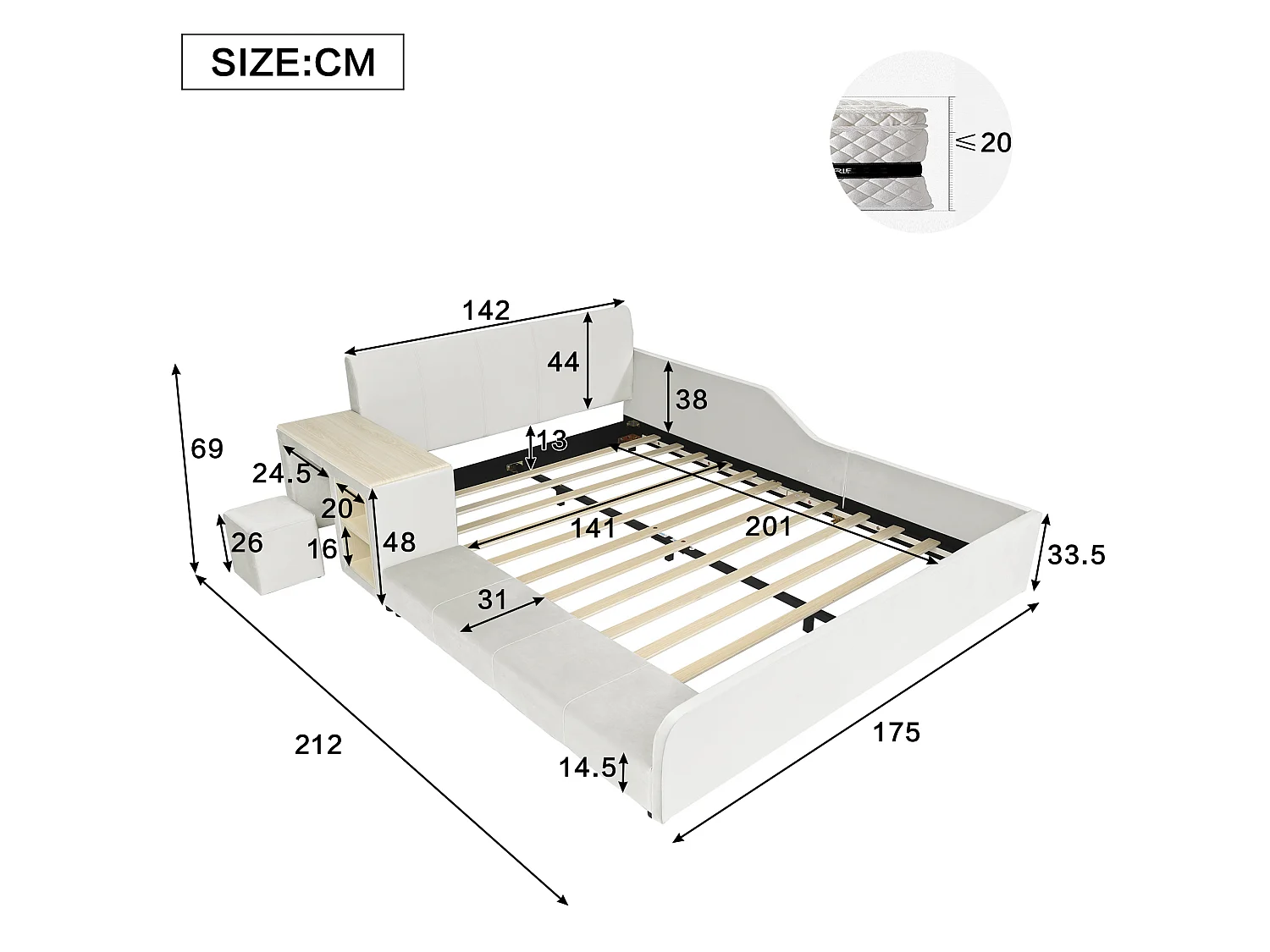 Lit enfant 140x200 cm en velours blanc avec bureau, tabouret et étagère de rangement, sans matelas