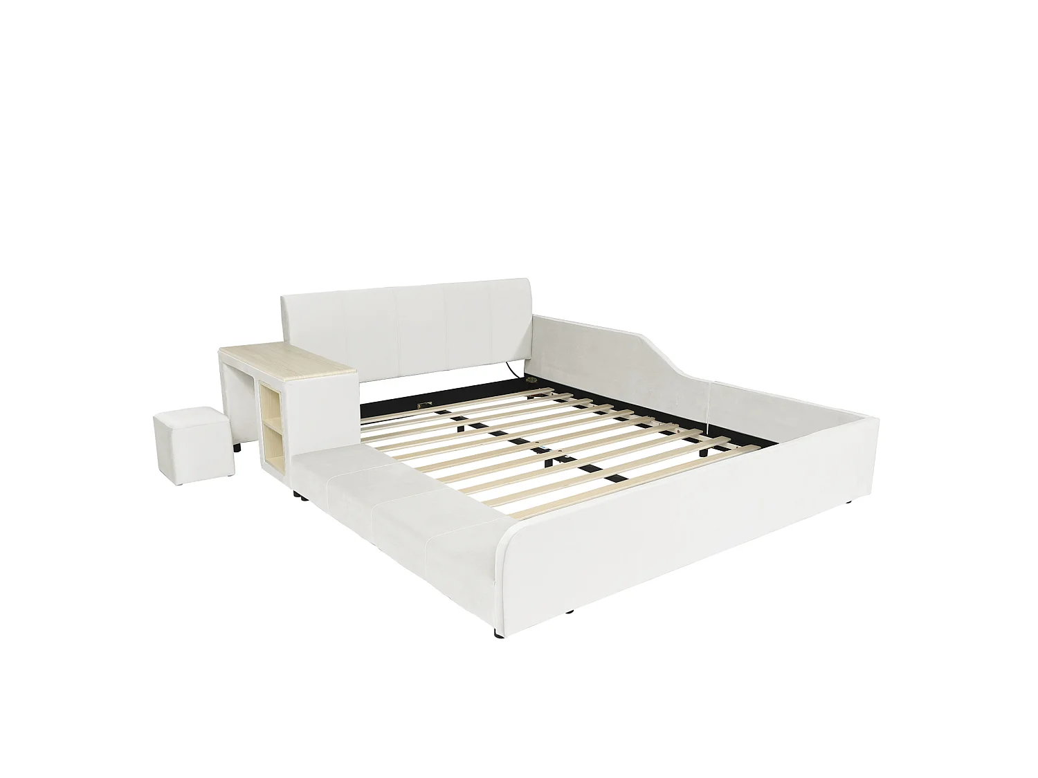 Lit enfant 140x200 cm en velours blanc avec bureau, tabouret et étagère de rangement, sans matelas