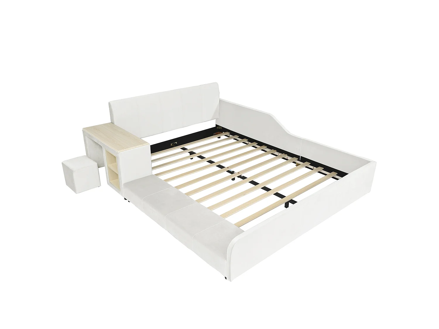 Lit enfant 140x200 cm en velours blanc avec bureau, tabouret et étagère de rangement, sans matelas