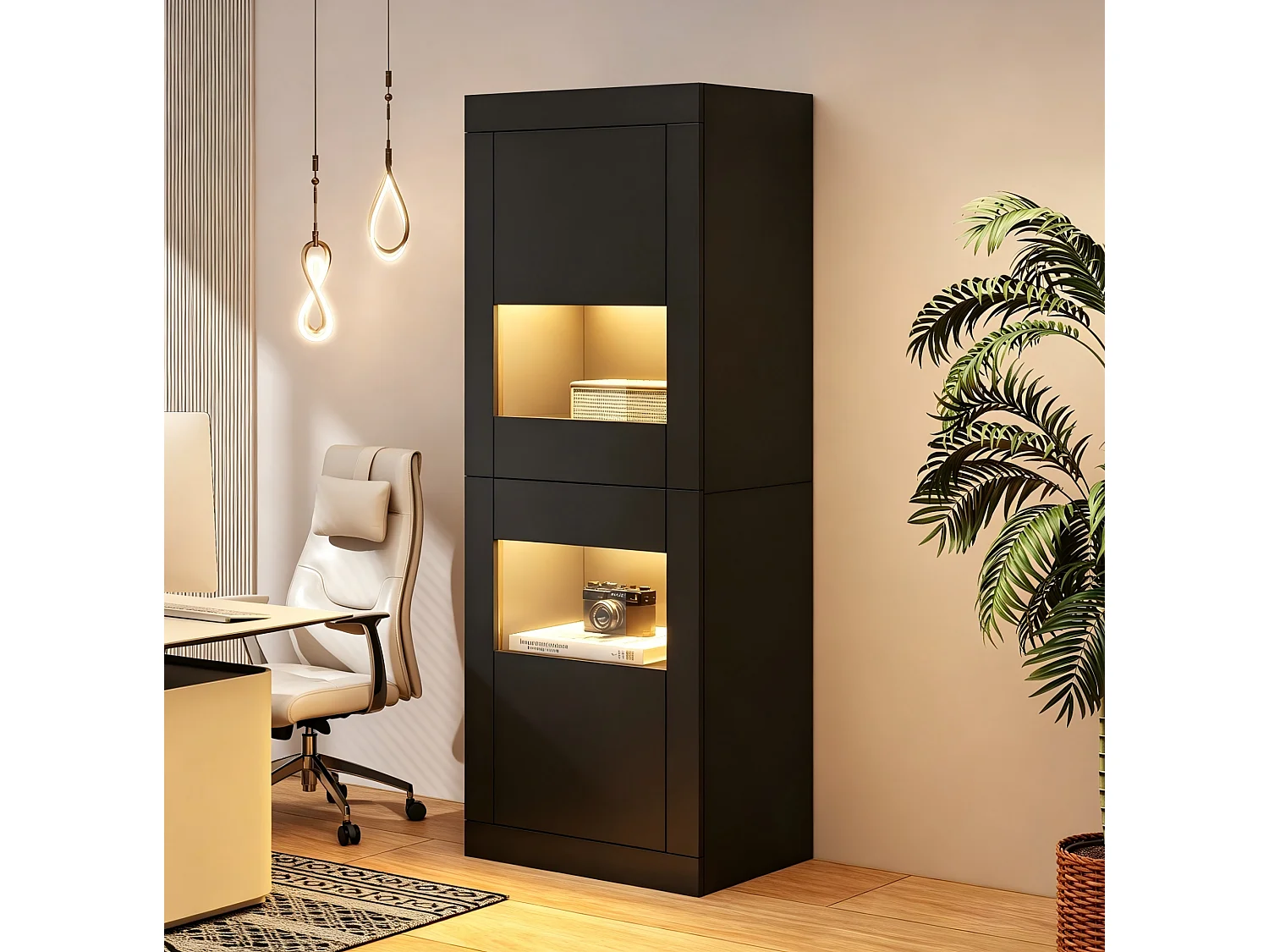 Vitrine noire 61x42x162 cm avec éclairage LED, 2 portes, 3 étagères, en panneaux de particules et verre trempé