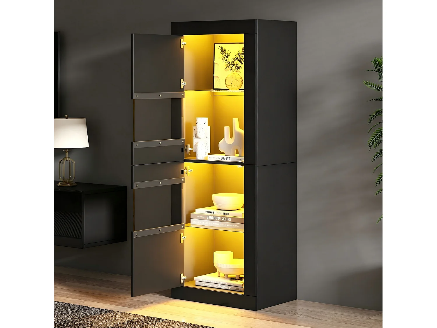 Vitrine noire 61x42x162 cm avec éclairage LED, 2 portes, 3 étagères, en panneaux de particules et verre trempé