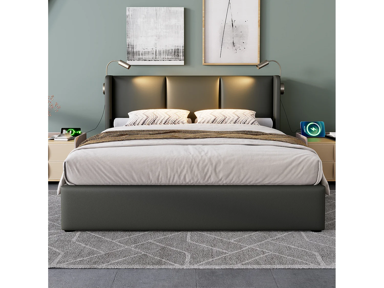Lit coffre 180 x 200 cm en similicuir gris avec éclairage LED intégré, lampes de lecture, ports USB et Type-C, sans matelas