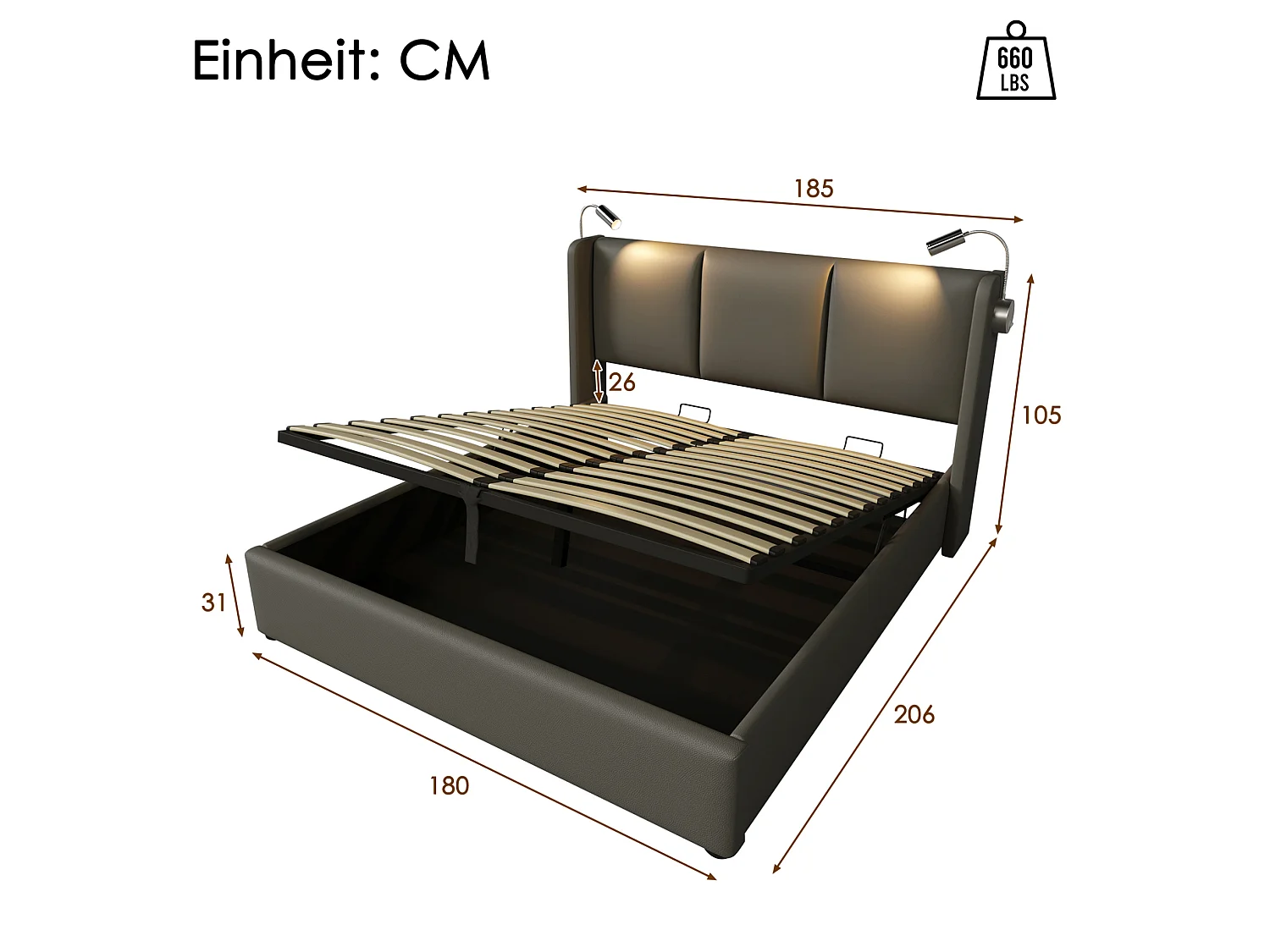 Lit coffre 180 x 200 cm en similicuir gris avec éclairage LED intégré, lampes de lecture, ports USB et Type-C, sans matelas