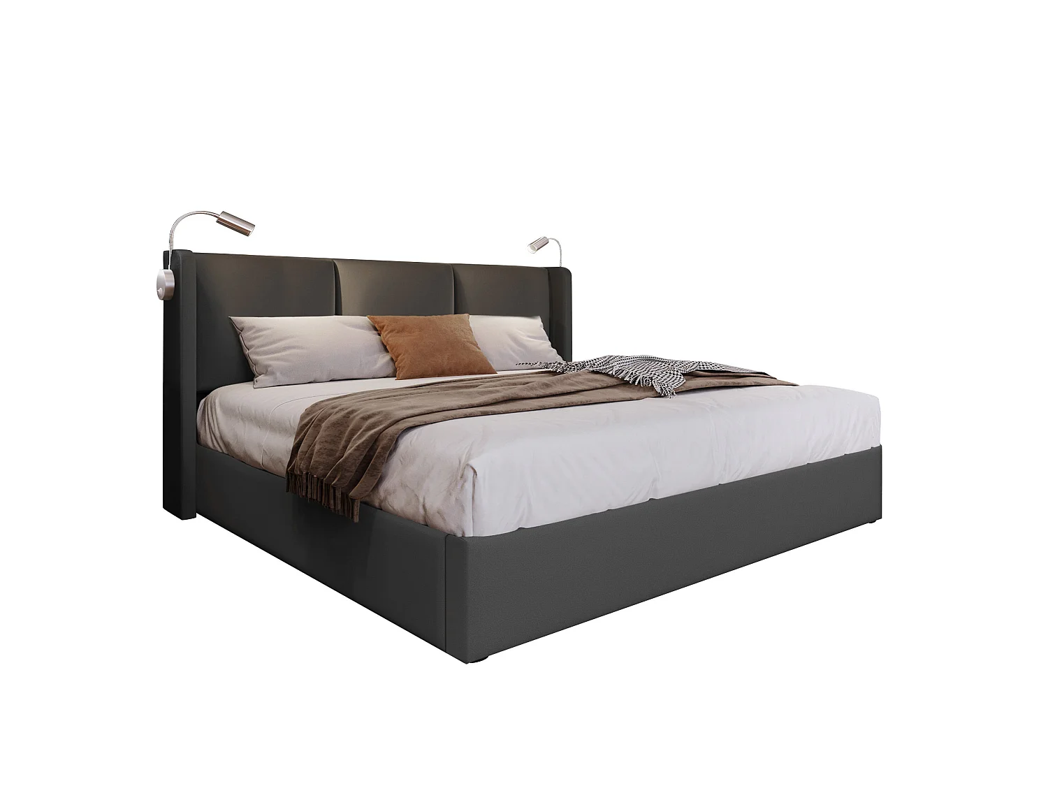 Lit coffre 180 x 200 cm en similicuir gris avec éclairage LED intégré, lampes de lecture, ports USB et Type-C, sans matelas