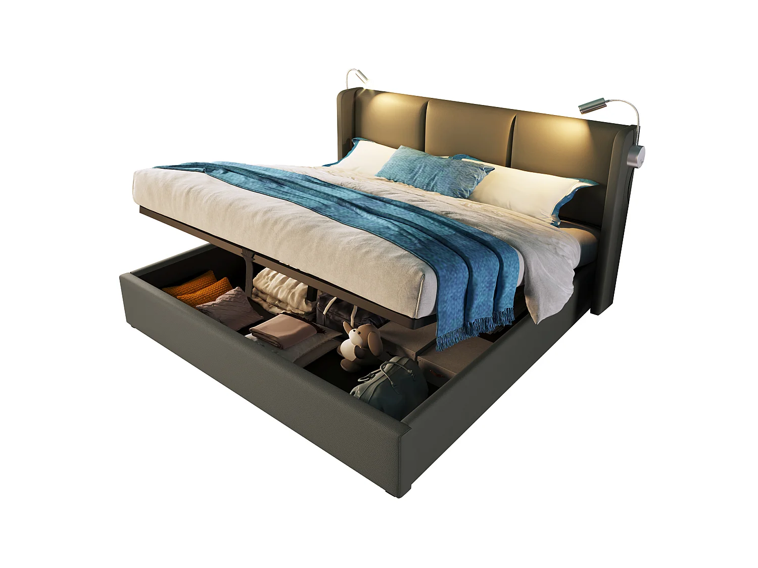 Lit coffre 180 x 200 cm en similicuir gris avec éclairage LED intégré, lampes de lecture, ports USB et Type-C, sans matelas