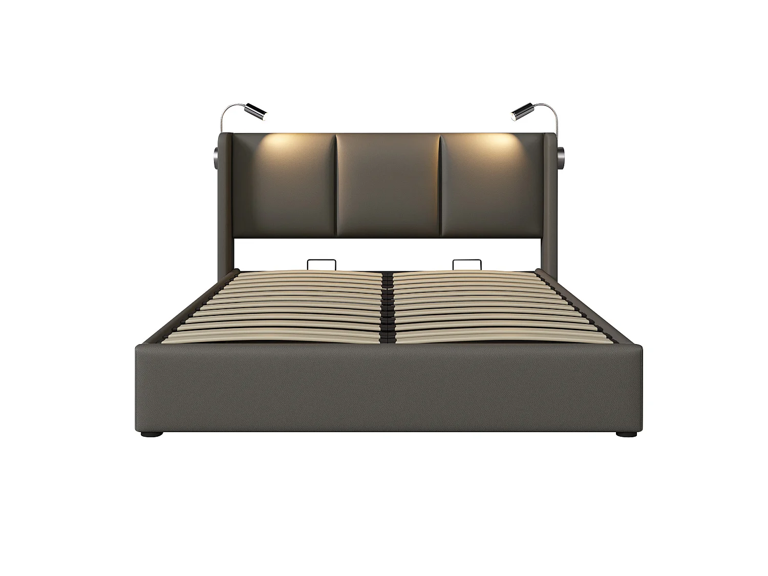 Lit coffre 180 x 200 cm en similicuir gris avec éclairage LED intégré, lampes de lecture, ports USB et Type-C, sans matelas