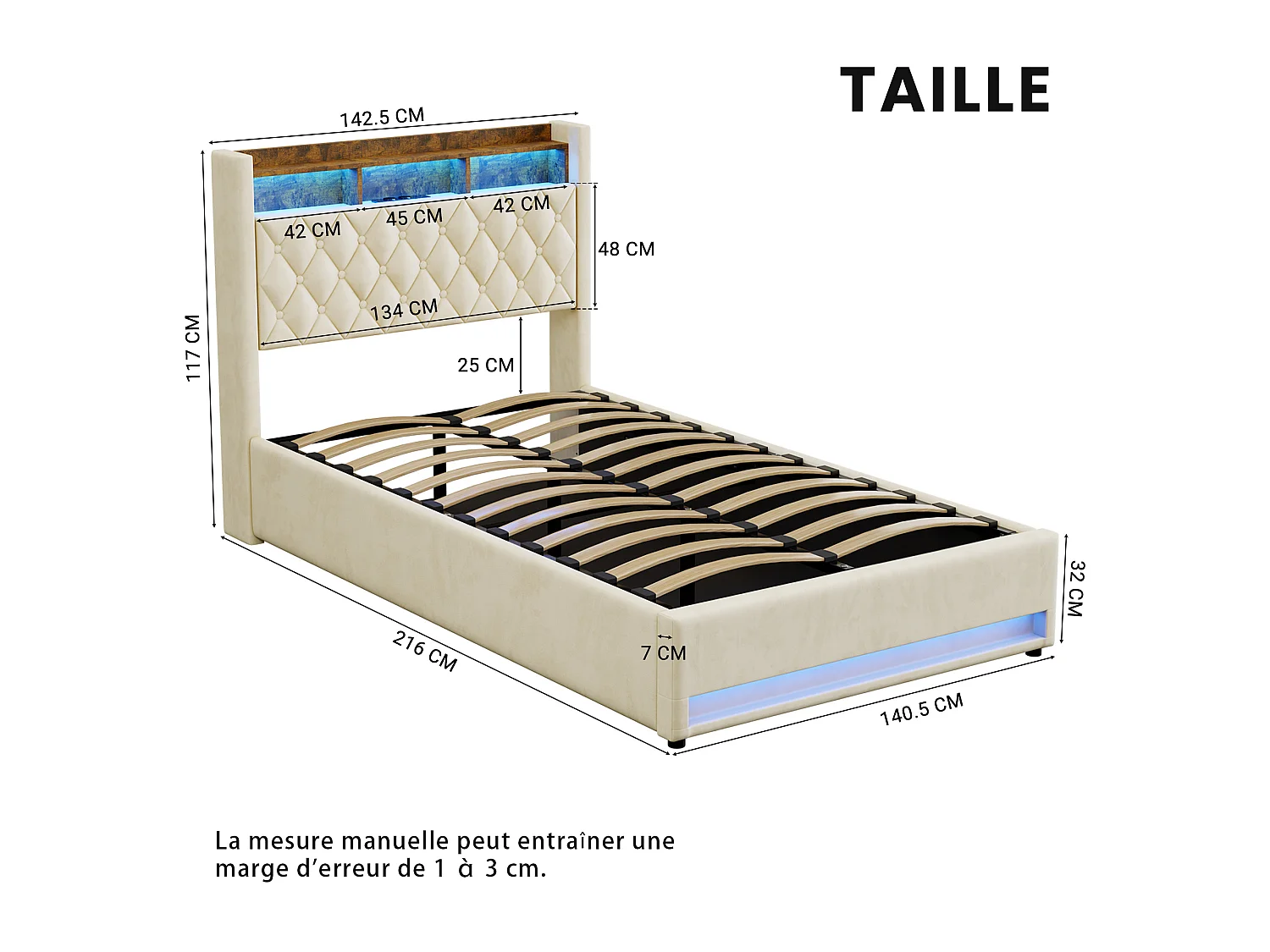 Letto contenitore 140x200 cm in velluto beige, LED, porte USB, vano di stoccaggio idraulico e rete a doghe, senza materasso