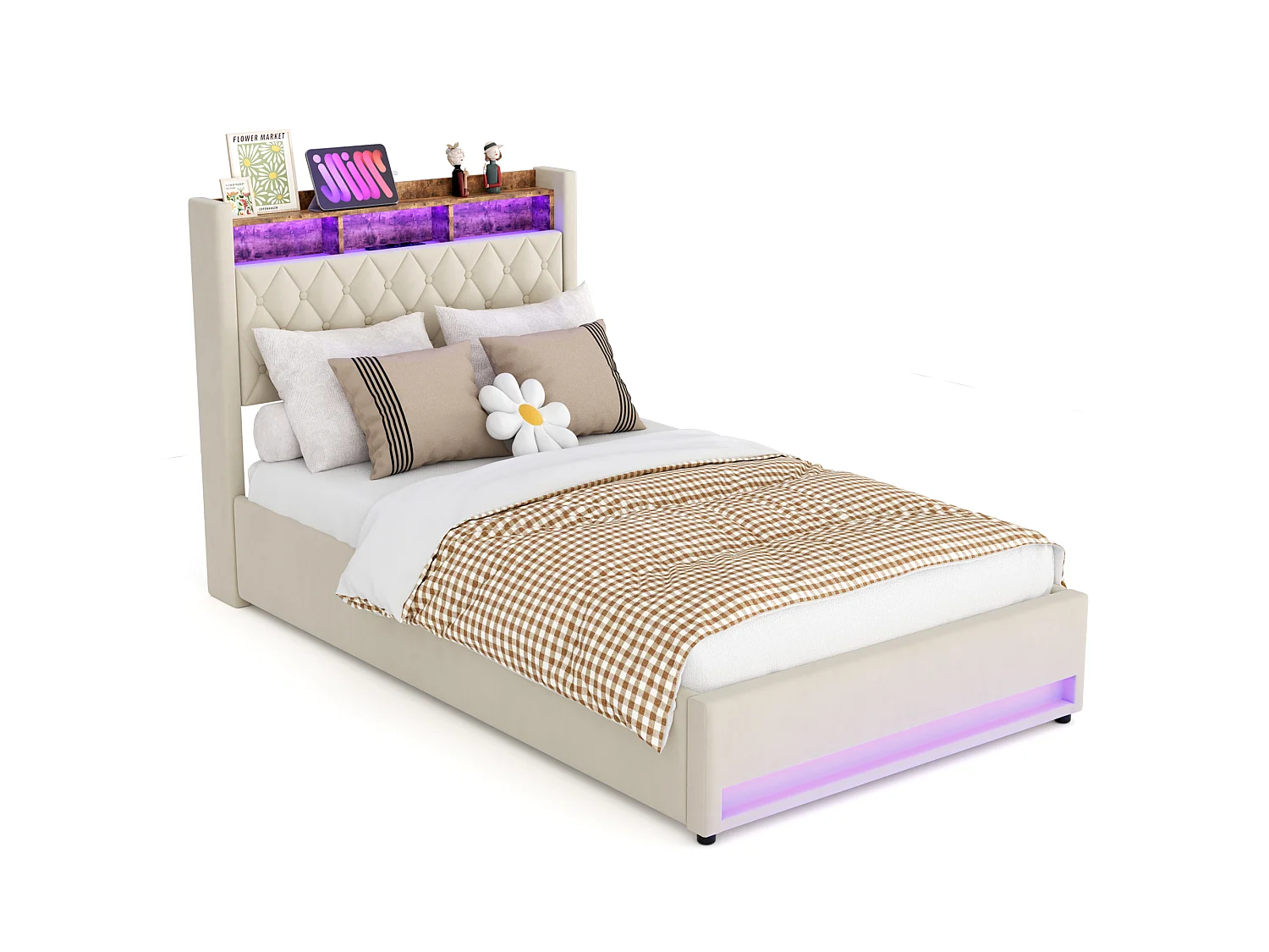 Letto contenitore 140x200 cm in velluto beige, LED, porte USB, vano di stoccaggio idraulico e rete a doghe, senza materasso