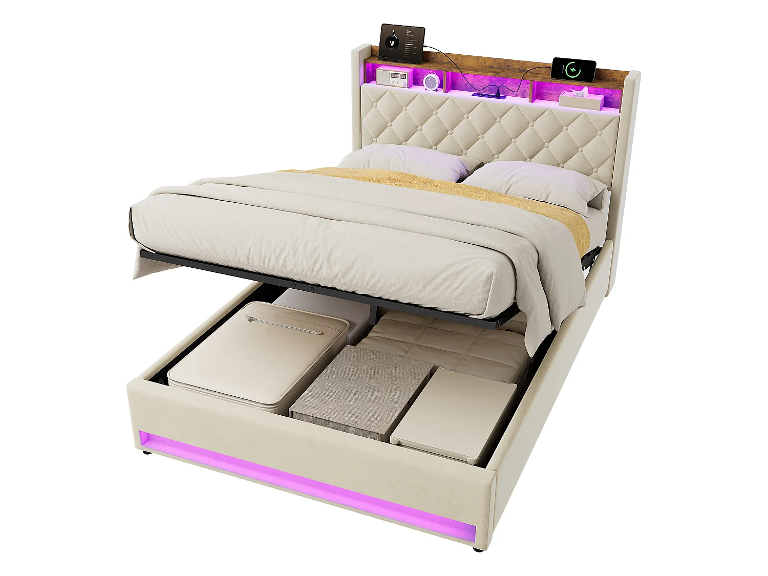 Letto contenitore 140x200 cm in velluto beige, LED, porte USB, vano di stoccaggio idraulico e rete a doghe, senza materasso
