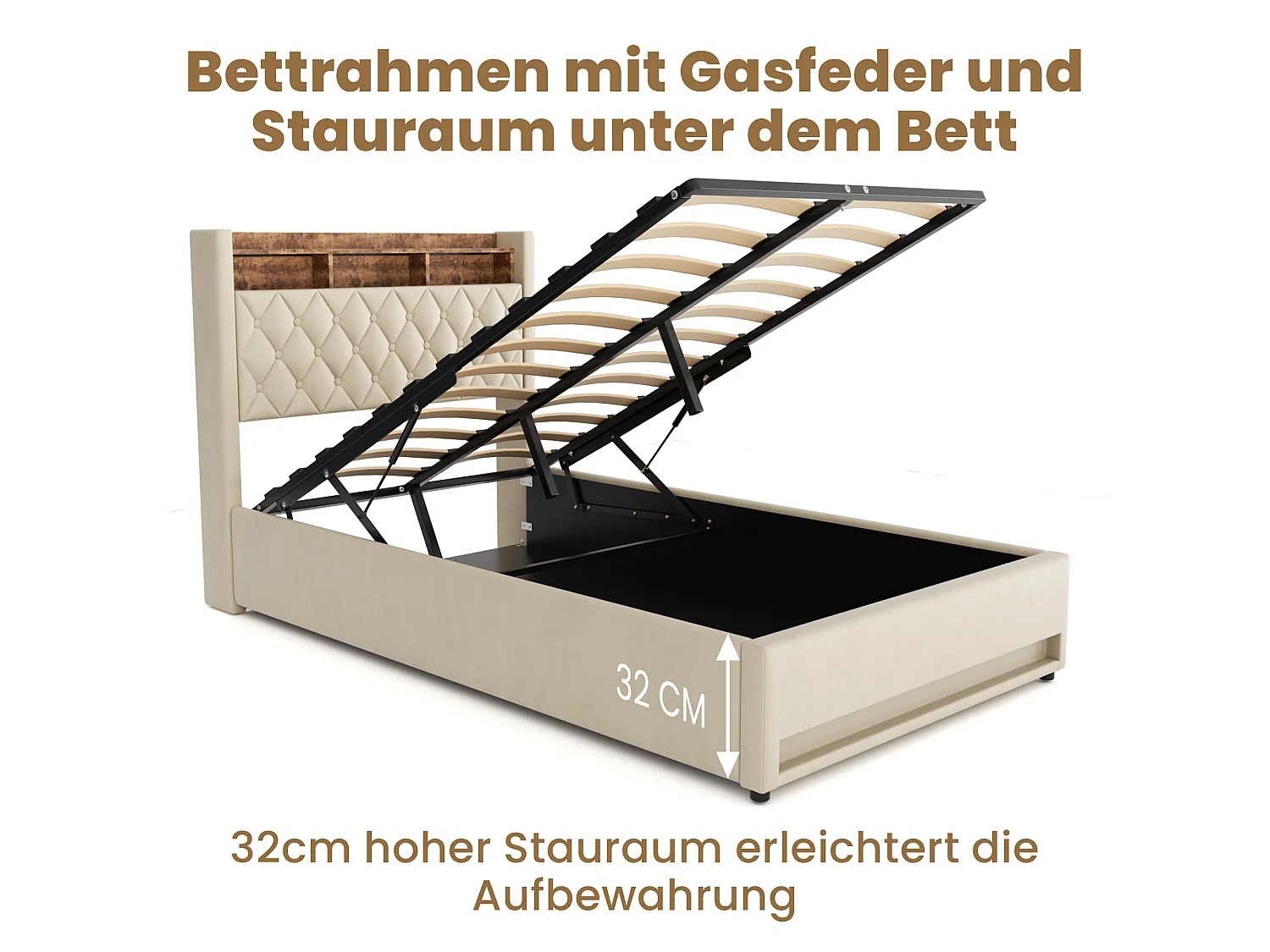 Letto contenitore 140x200 cm in velluto beige, LED, porte USB, vano di stoccaggio idraulico e rete a doghe, senza materasso
