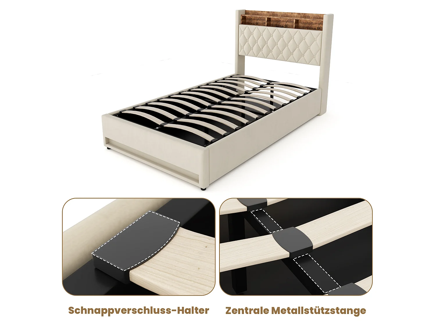 Letto contenitore 140x200 cm in velluto beige, LED, porte USB, vano di stoccaggio idraulico e rete a doghe, senza materasso