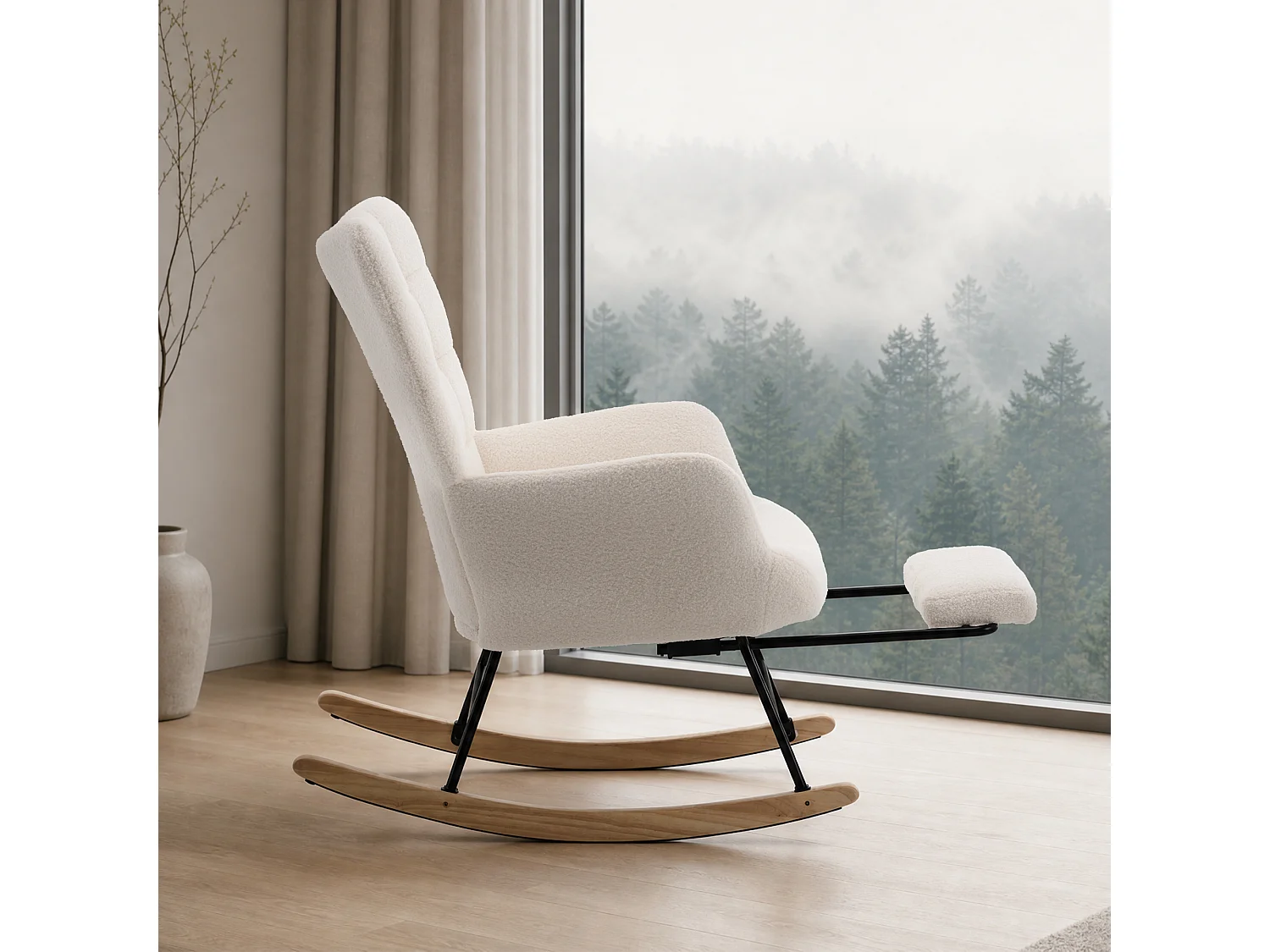Fauteuil à bascule en tissu bouclette beige avec repose-pieds, dossier haut, structure en bois et métal