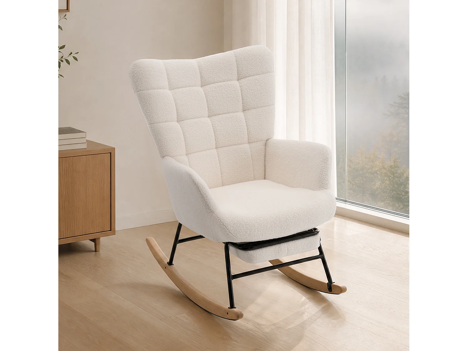 Fauteuil à bascule en tissu bouclette beige avec repose-pieds, dossier haut, structure en bois et métal