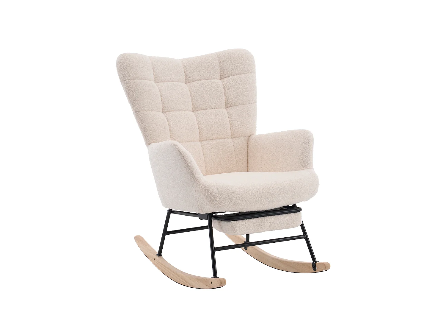 Fauteuil à bascule en tissu bouclette beige avec repose-pieds, dossier haut, structure en bois et métal