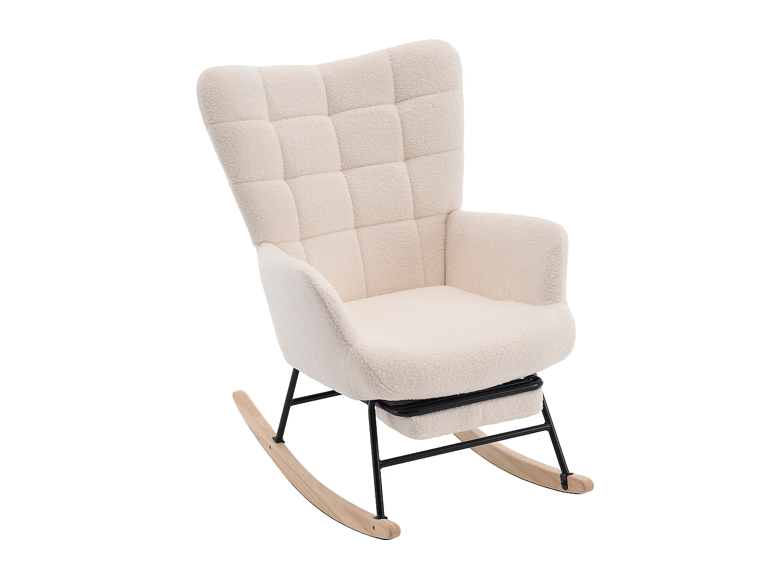 Fauteuil à bascule en tissu bouclette beige avec repose-pieds, dossier haut, structure en bois et métal
