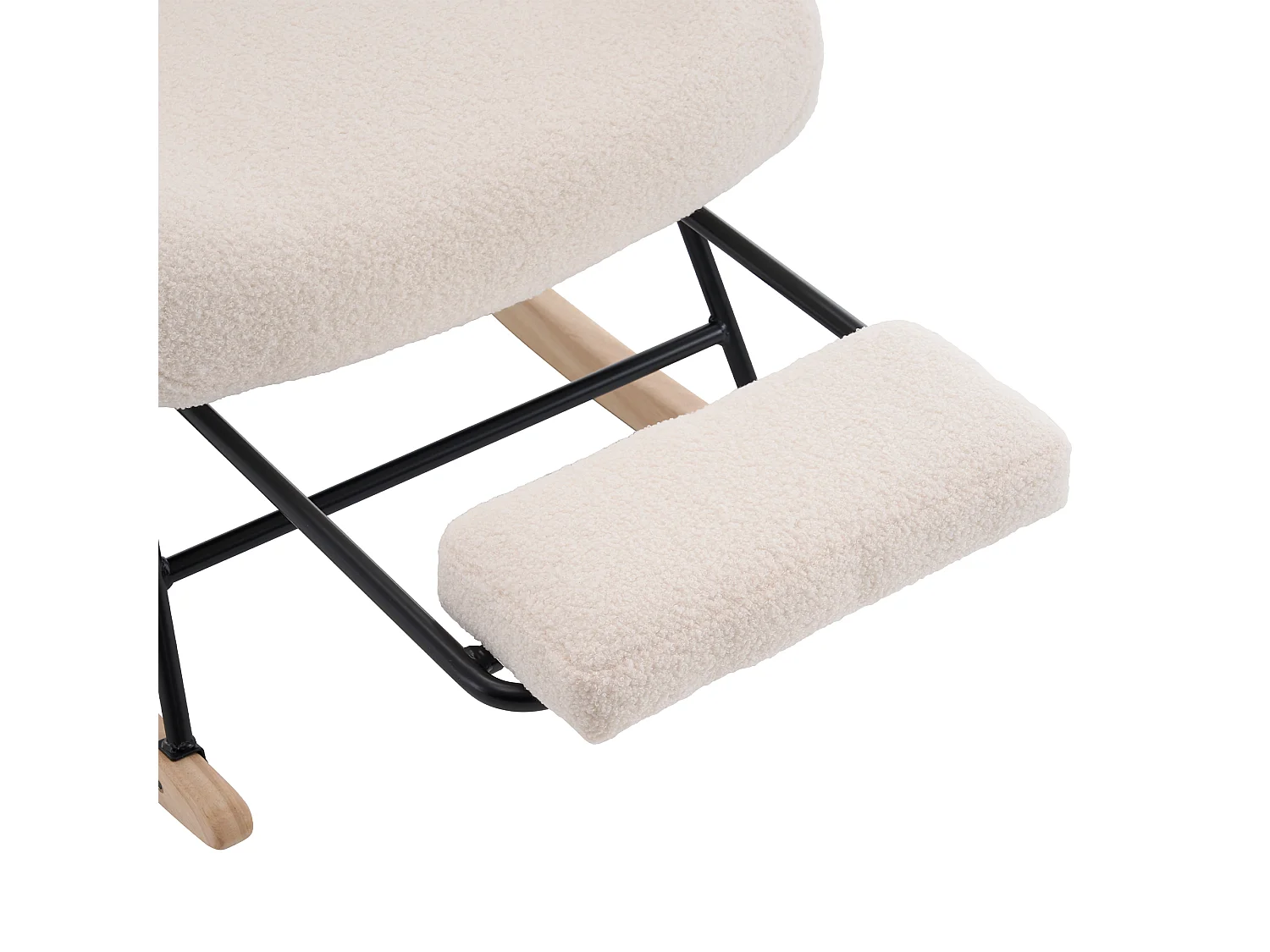 Fauteuil à bascule en tissu bouclette beige avec repose-pieds, dossier haut, structure en bois et métal