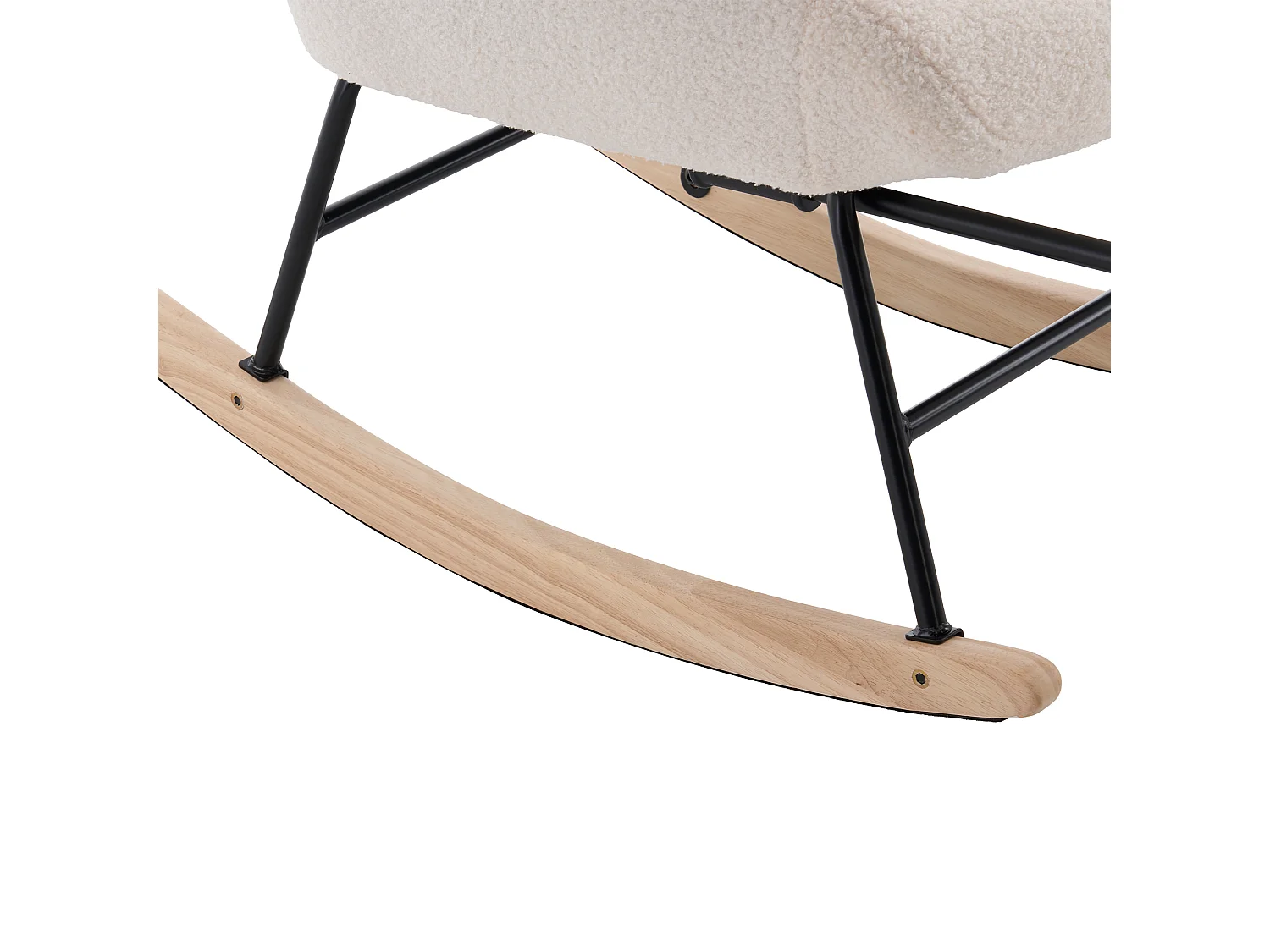 Fauteuil à bascule en tissu bouclette beige avec repose-pieds, dossier haut, structure en bois et métal