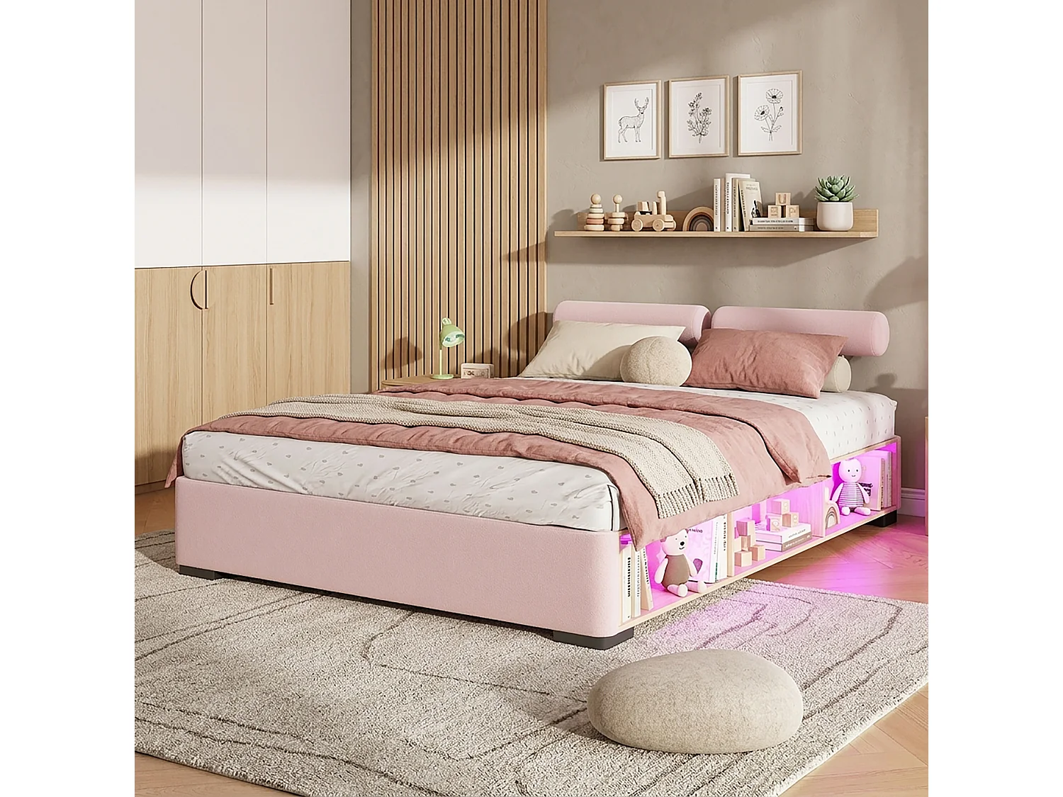 Lit enfant 140x200 cm en velours rose, tête de lit modulable avec étagère latérale et éclairage LED, sans matelas