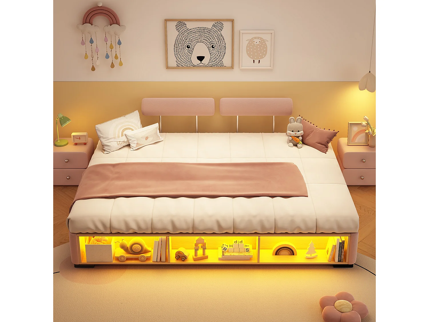 Lit enfant 140x200 cm en velours rose, tête de lit modulable avec étagère latérale et éclairage LED, sans matelas