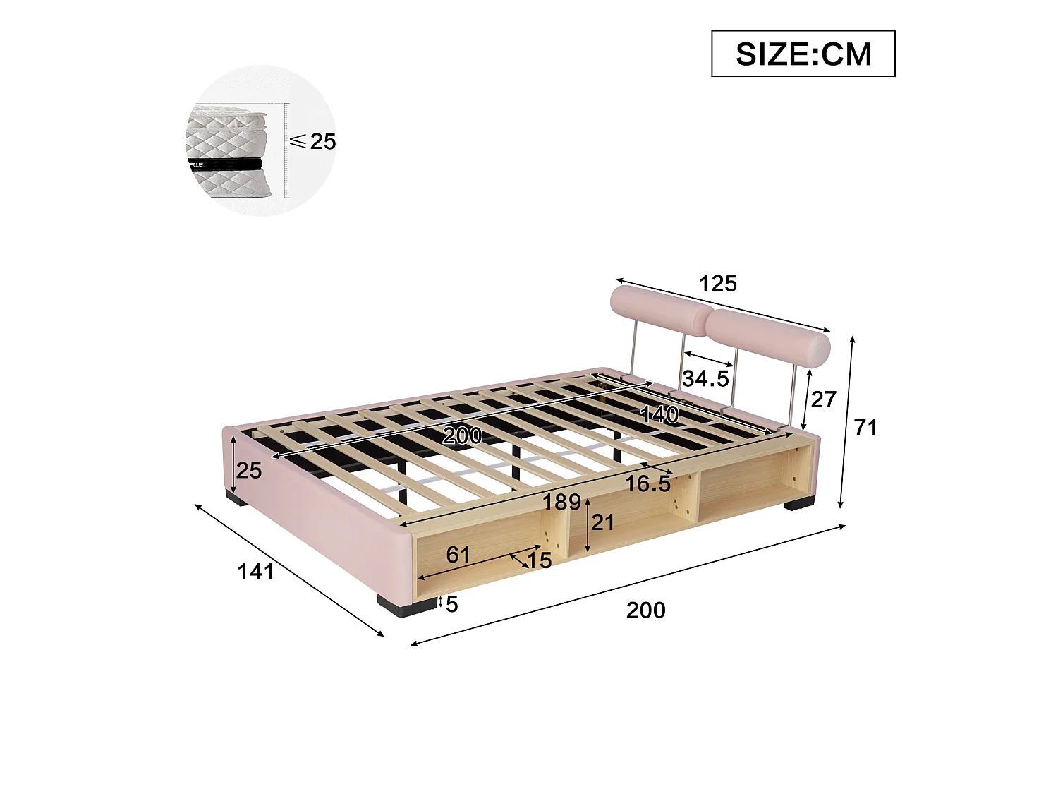 Lit enfant 140x200 cm en velours rose, tête de lit modulable avec étagère latérale et éclairage LED, sans matelas