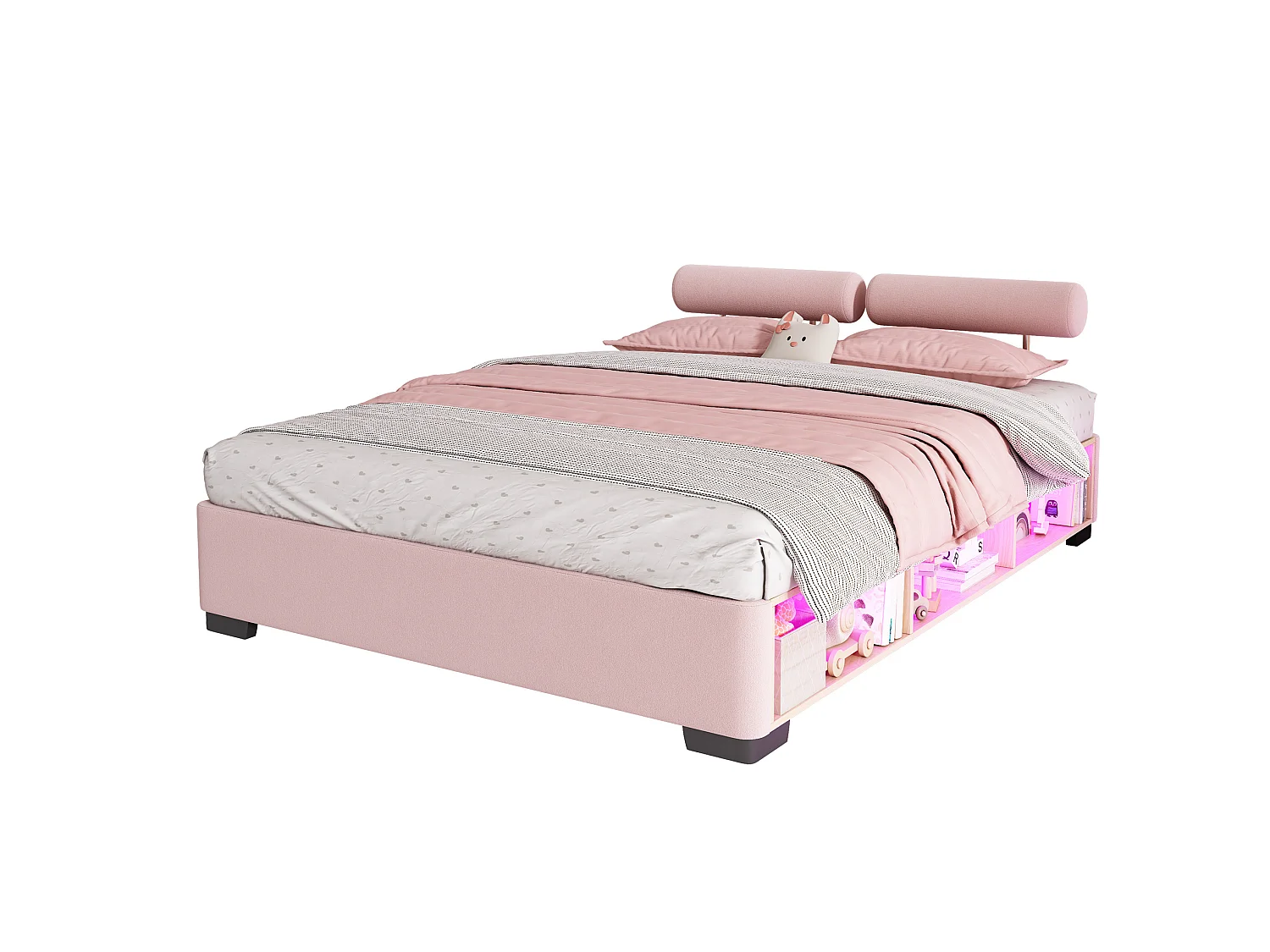 Lit enfant 140x200 cm en velours rose, tête de lit modulable avec étagère latérale et éclairage LED, sans matelas