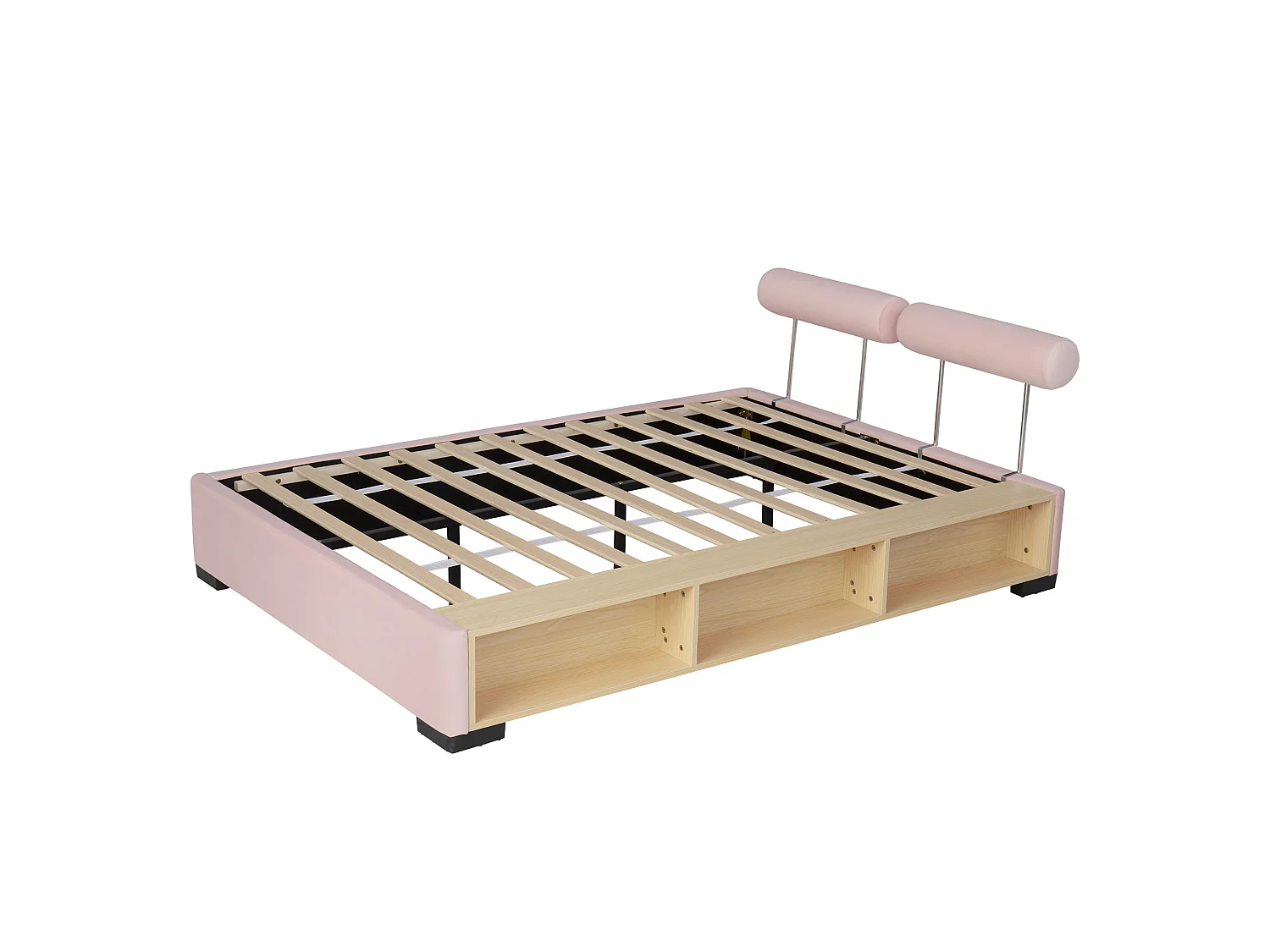 Lit enfant 140x200 cm en velours rose, tête de lit modulable avec étagère latérale et éclairage LED, sans matelas