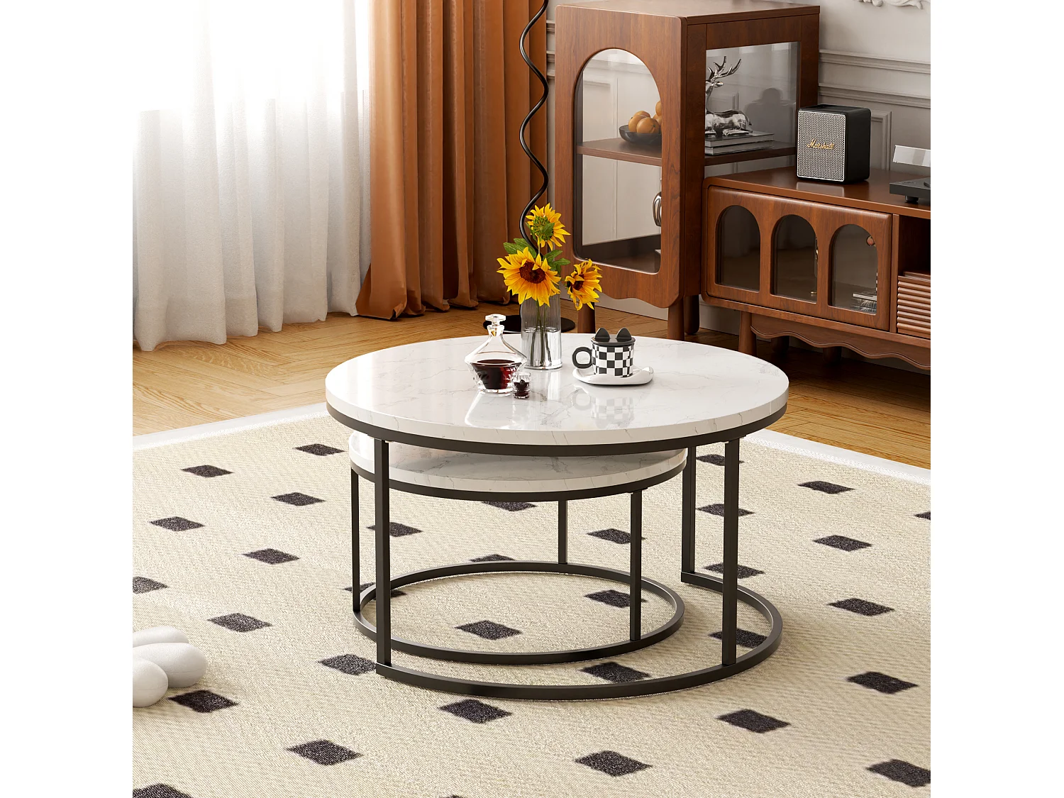 Set di 2 tavolini nido rotondi bianchi, piano MDF effetto marmo, struttura metallica nera, stile moderno per soggiorno