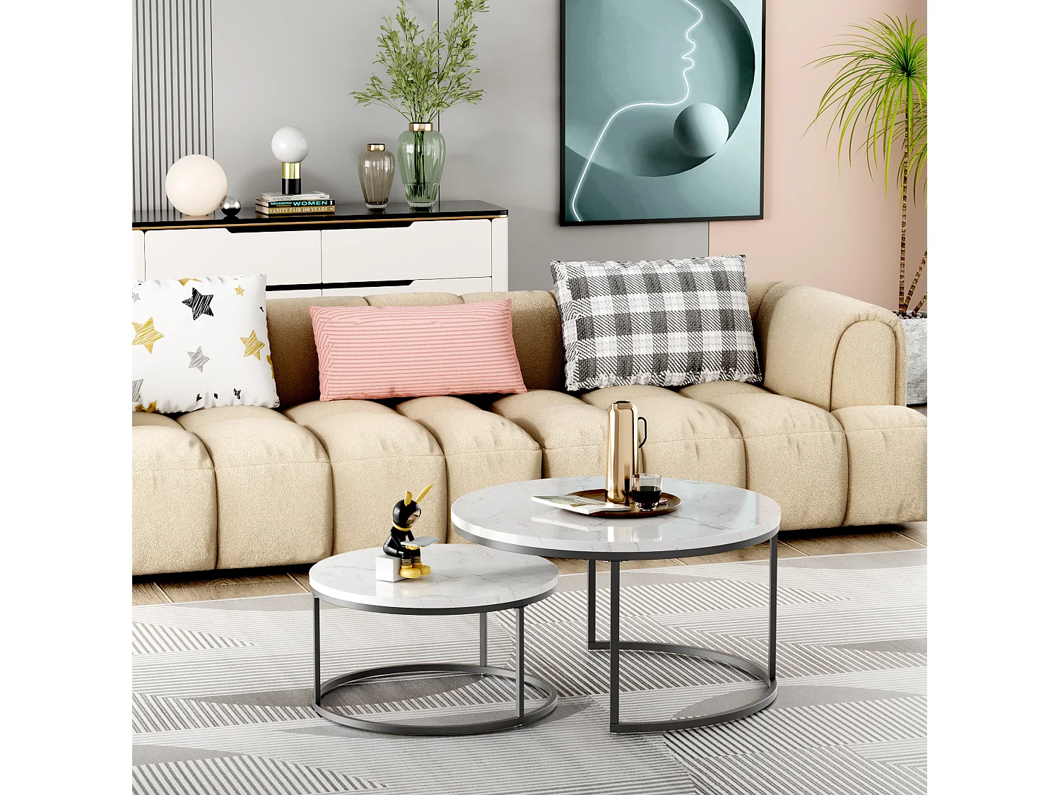 Set di 2 tavolini nido rotondi bianchi, piano MDF effetto marmo, struttura metallica nera, stile moderno per soggiorno