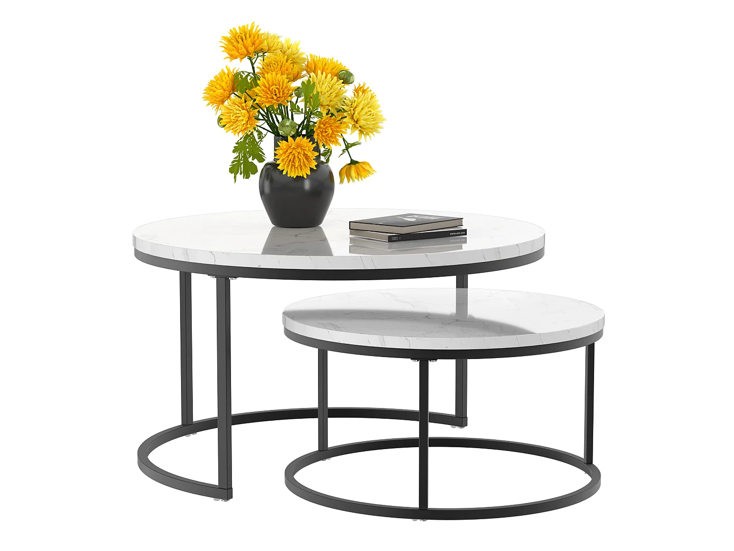Set di 2 tavolini nido rotondi bianchi, piano MDF effetto marmo, struttura metallica nera, stile moderno per soggiorno