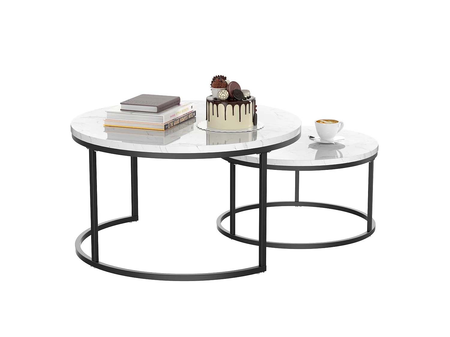 Set di 2 tavolini nido rotondi bianchi, piano MDF effetto marmo, struttura metallica nera, stile moderno per soggiorno