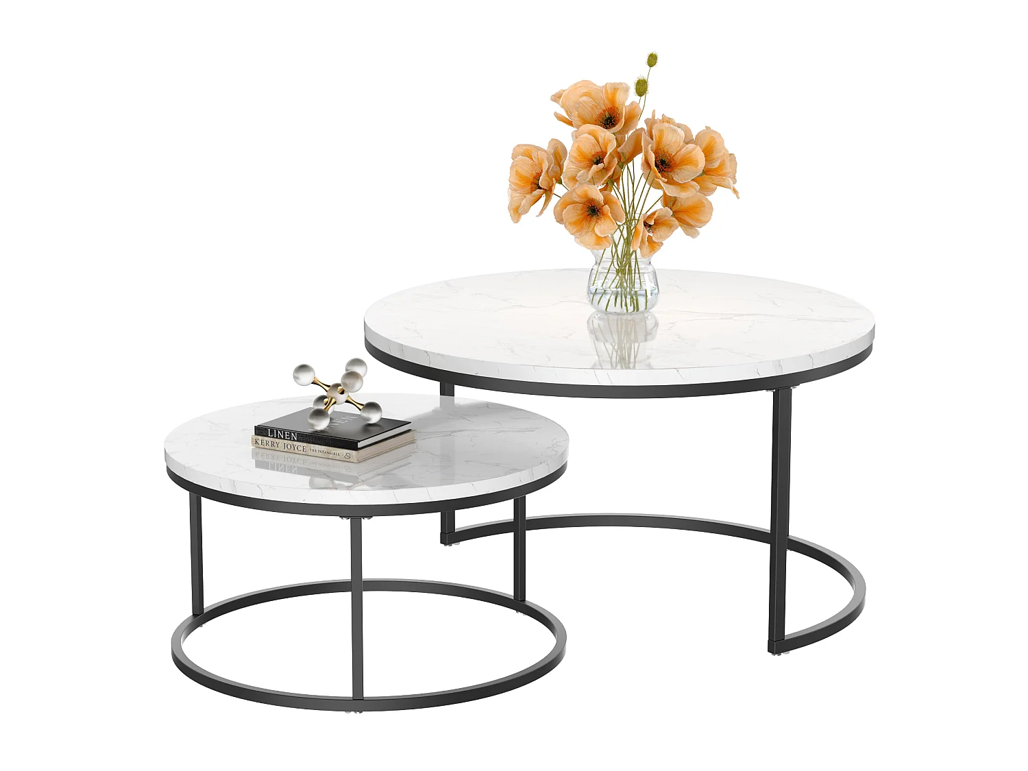 Set di 2 tavolini nido rotondi bianchi, piano MDF effetto marmo, struttura metallica nera, stile moderno per soggiorno