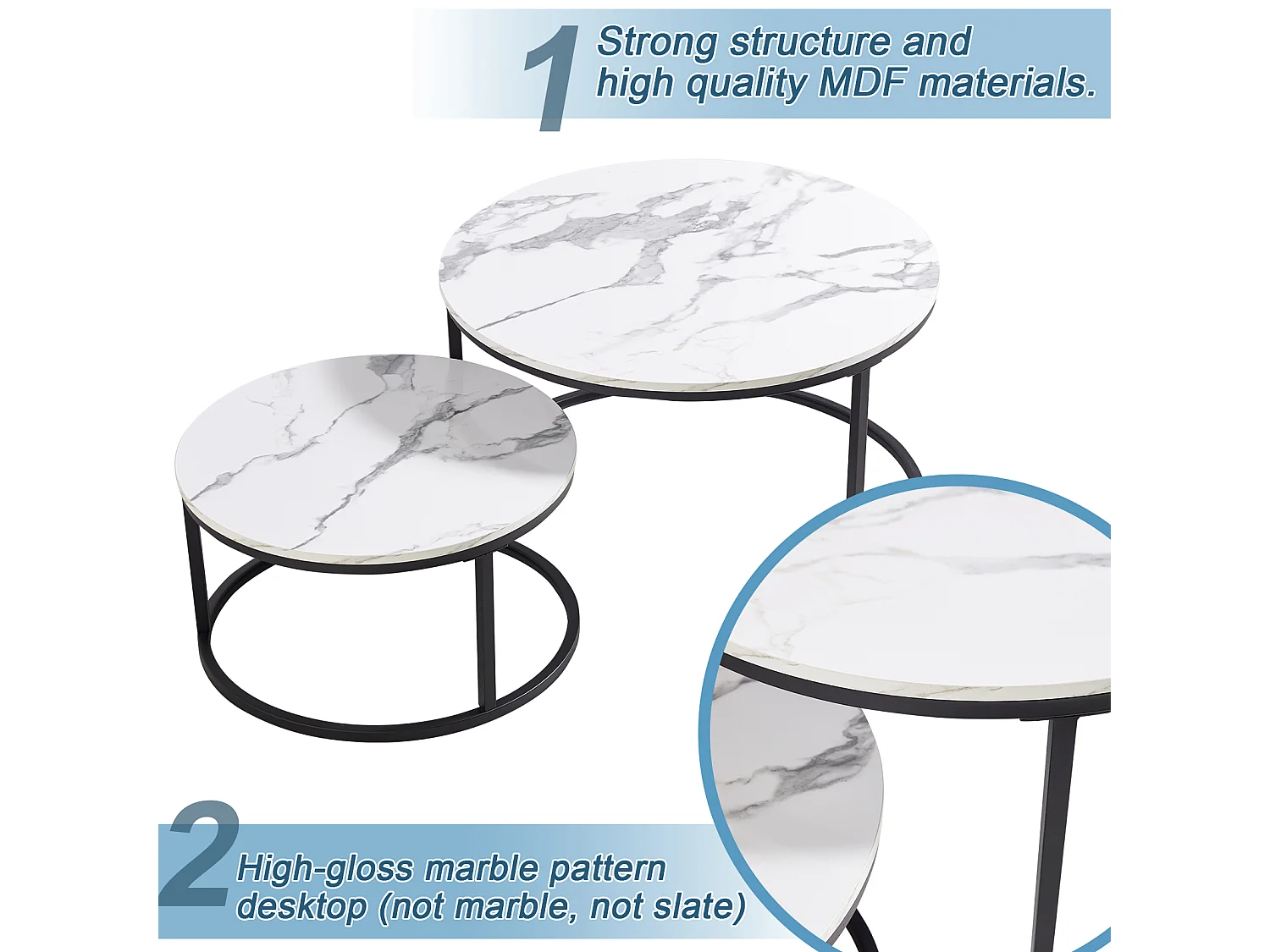 Set di 2 tavolini nido rotondi bianchi, piano MDF effetto marmo, struttura metallica nera, stile moderno per soggiorno