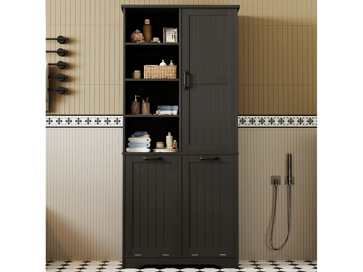 Zwarte badkolom 78 x 35 x 172,7 cm, 2 wasmanden, 4 open opbergvakken en verstelbare planken