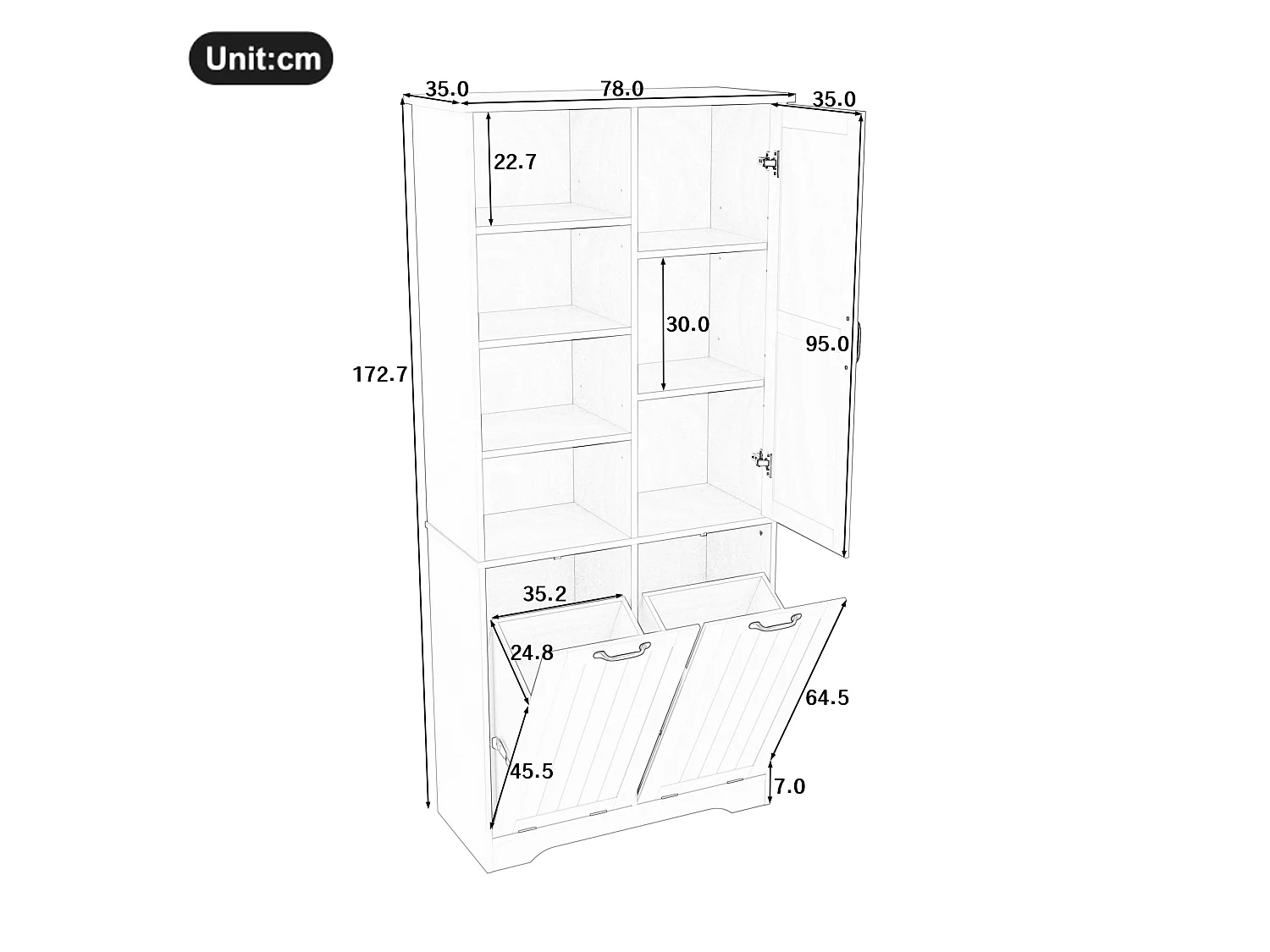 Zwarte badkolom 78 x 35 x 172,7 cm, 2 wasmanden, 4 open opbergvakken en verstelbare planken