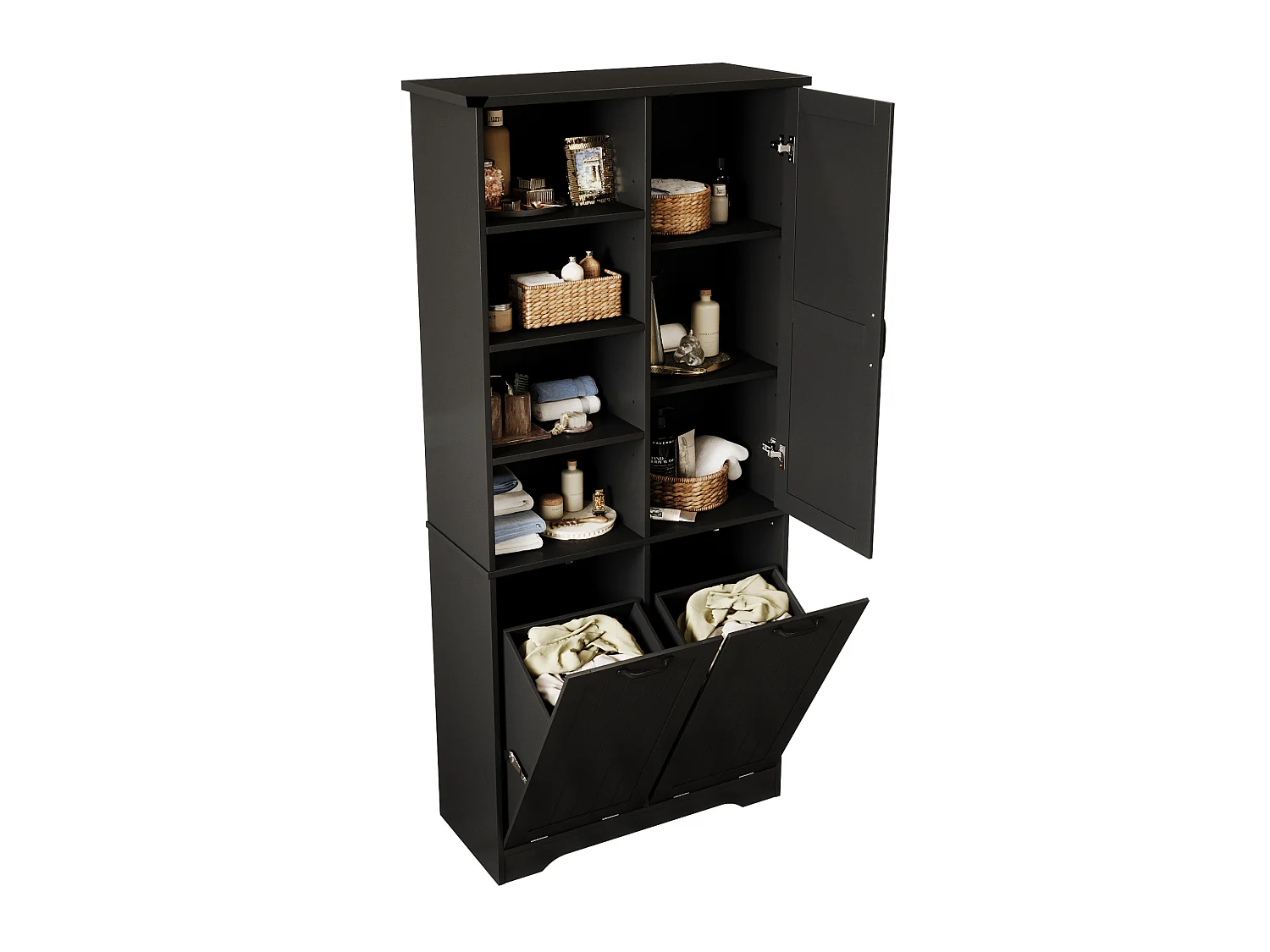 Zwarte badkolom 78 x 35 x 172,7 cm, 2 wasmanden, 4 open opbergvakken en verstelbare planken