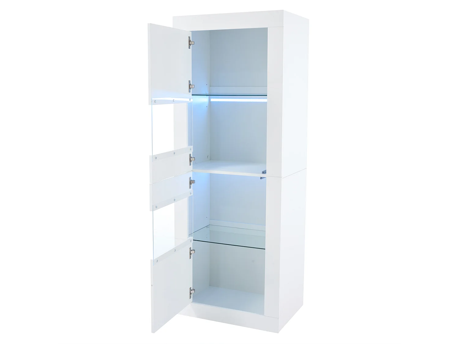 Vitrine blanche 61x42x162 cm avec éclairage LED, 2 portes, 3 étagères, en panneaux de particules et verre trempé