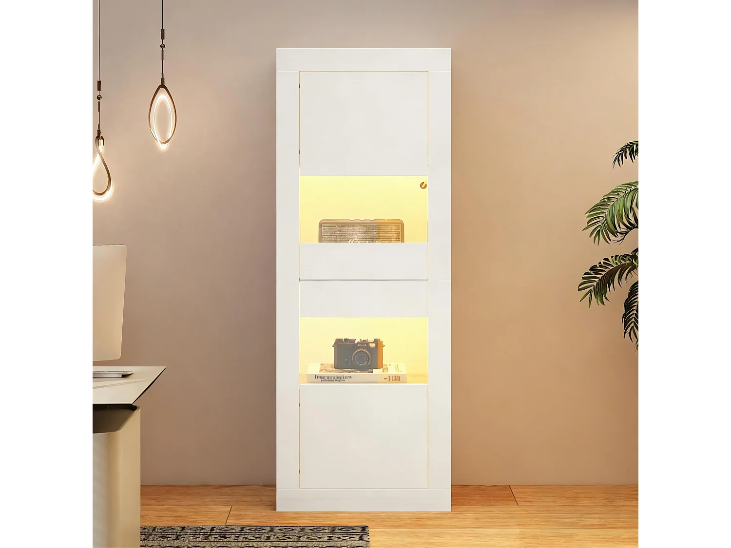 Vitrine blanche 61x42x162 cm avec éclairage LED, 2 portes, 3 étagères, en panneaux de particules et verre trempé