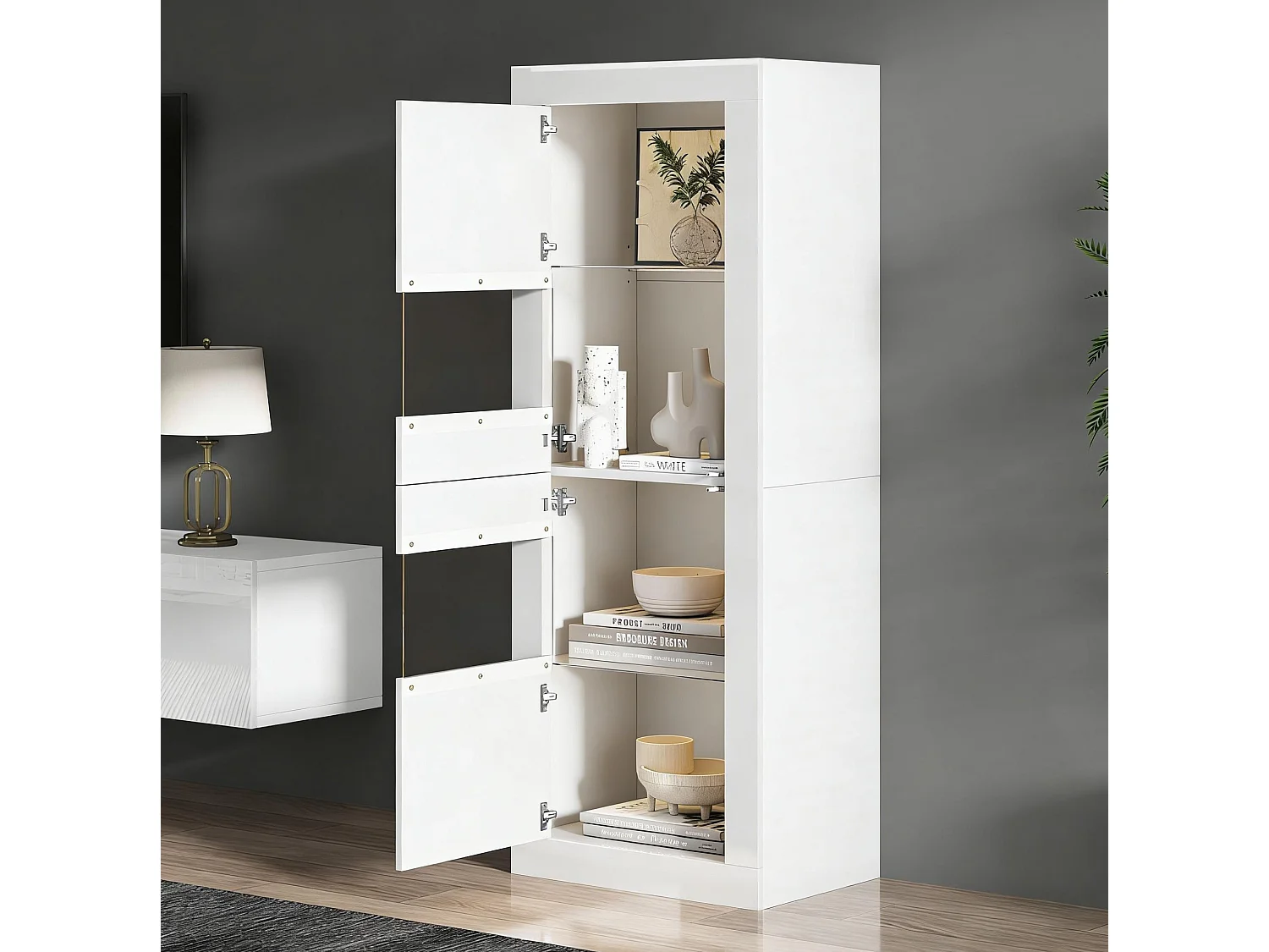 Vitrine blanche 61x42x162 cm avec éclairage LED, 2 portes, 3 étagères, en panneaux de particules et verre trempé