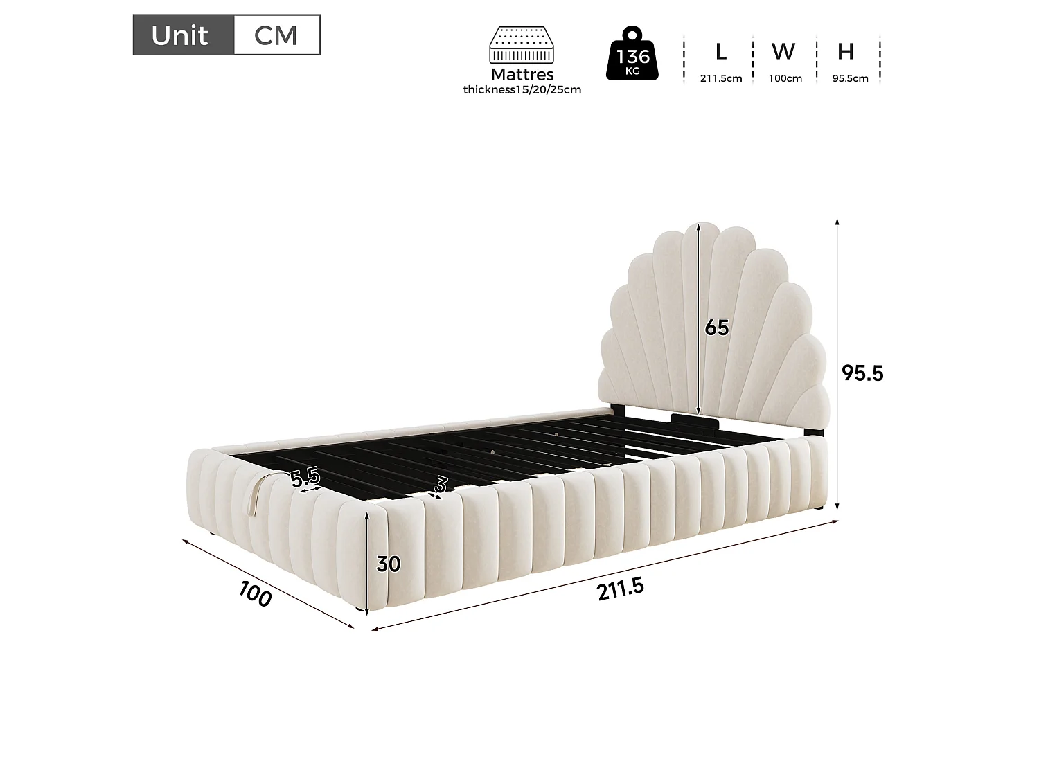 Lit coffre enfant 90x200 cm en velours beige avec rangement hydraulique, tête de lit fleurie rembourrée, sans matelas