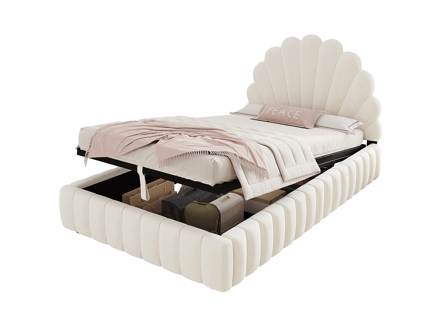 Lit coffre enfant 90x200 cm en velours beige avec rangement hydraulique, tête de lit fleurie rembourrée, sans matelas