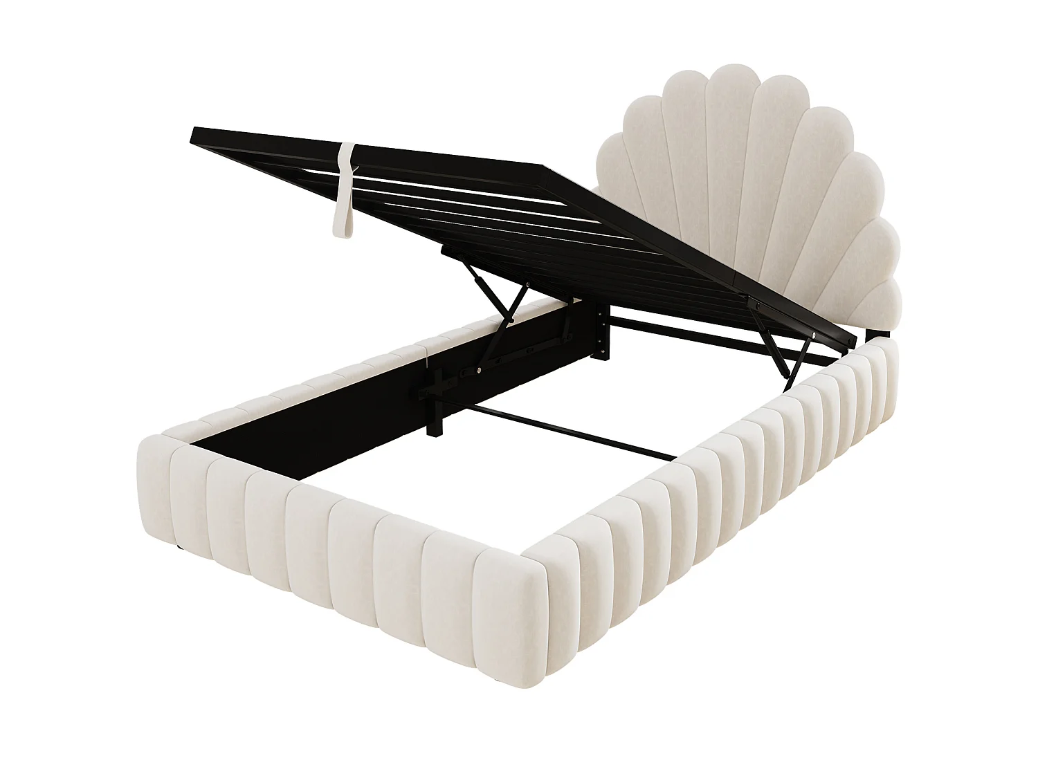 Lit coffre enfant 90x200 cm en velours beige avec rangement hydraulique, tête de lit fleurie rembourrée, sans matelas