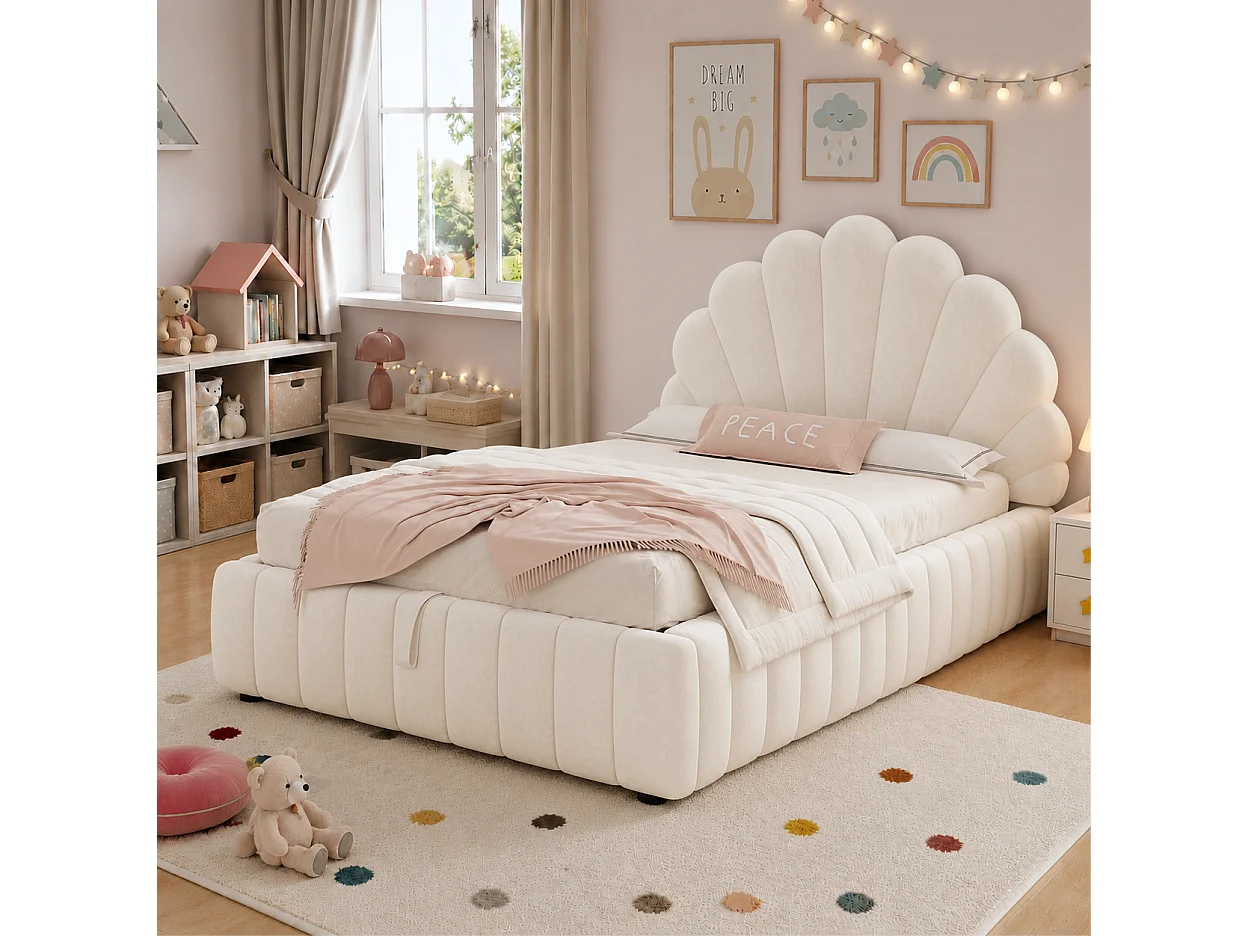 Lit coffre enfant 90x200 cm en velours beige avec rangement hydraulique, tête de lit fleurie rembourrée, sans matelas