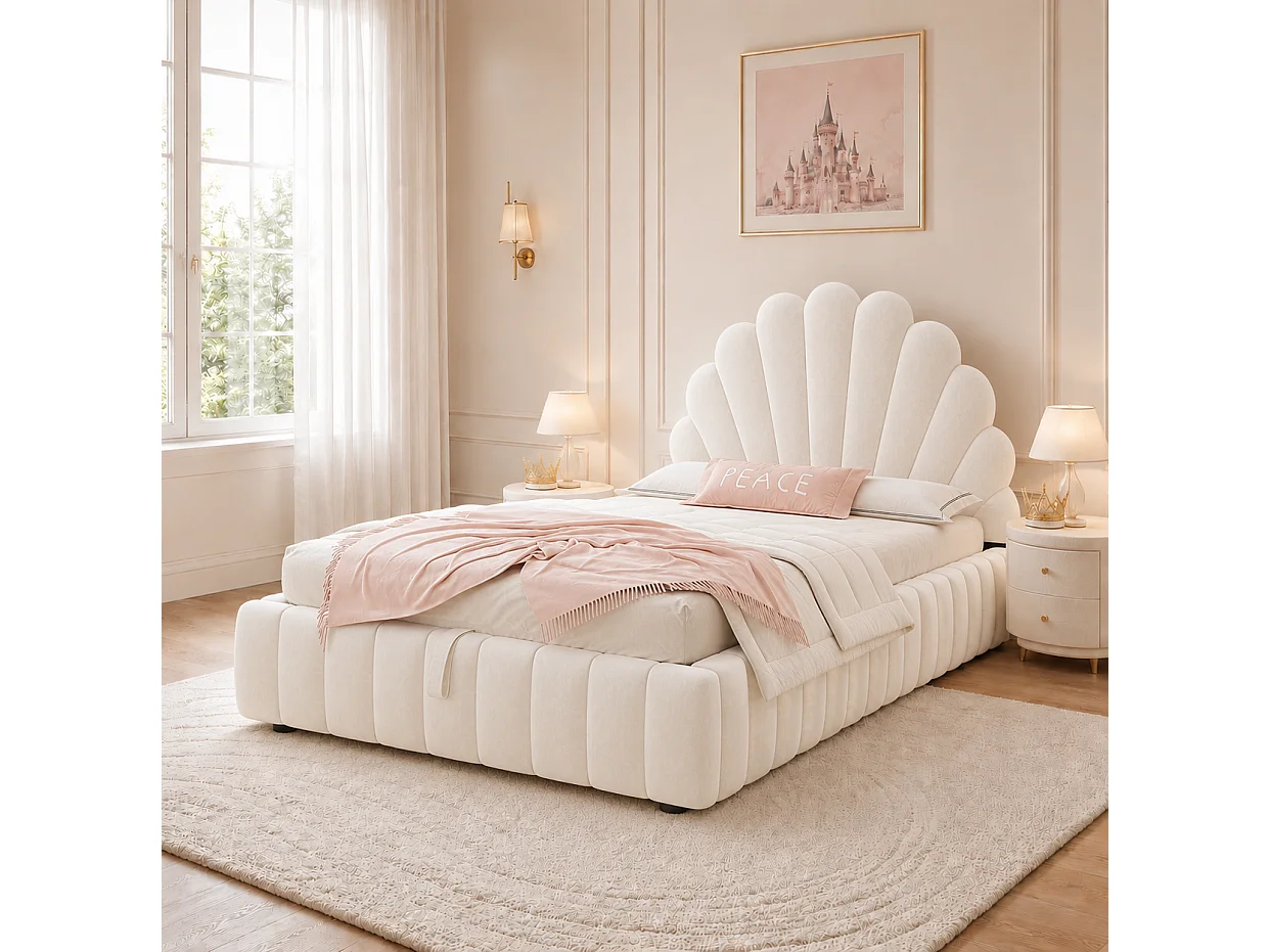 Lit coffre enfant 90x200 cm en velours beige avec rangement hydraulique, tête de lit fleurie rembourrée, sans matelas
