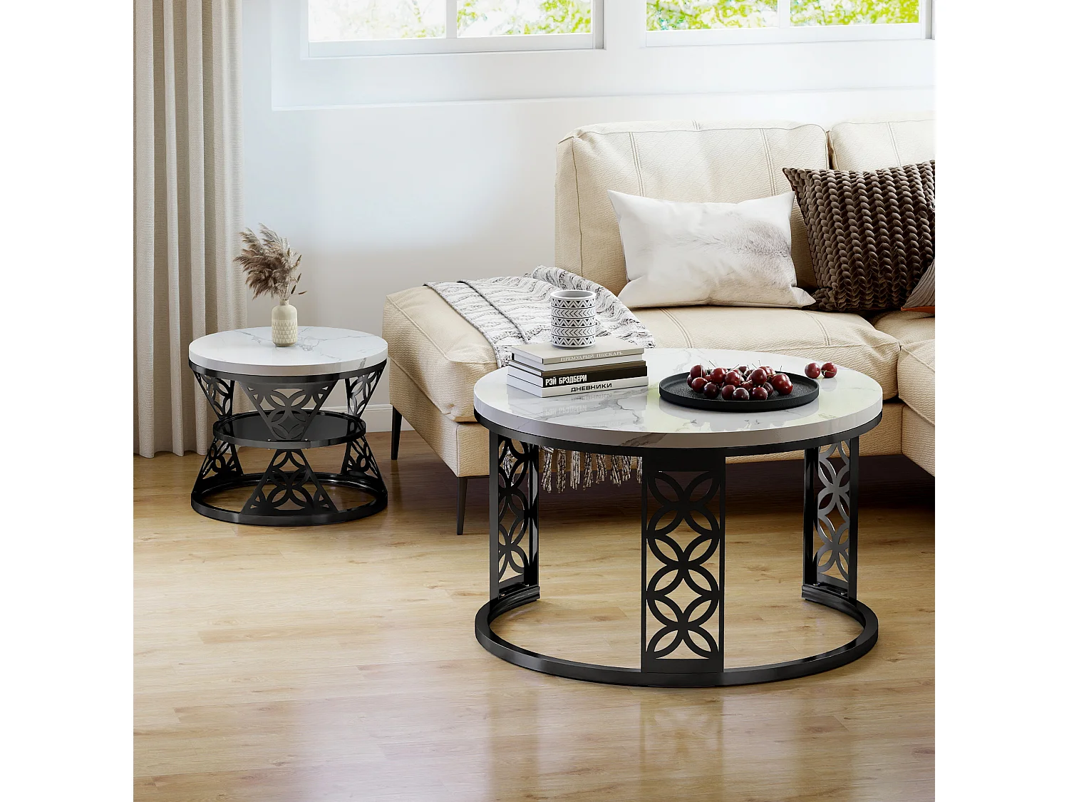 Set di 2 tavolini nido rotondi con piano effetto marmo bianco, struttura metallica nera, mobile per soggiorno di design